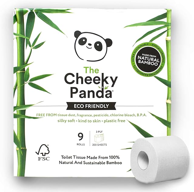 The Cheeky Panda Bambusowy papier toaletowy, 9 rolek papieru toaletowego, opakowanie bez plastiku i trwała chusteczka toaletowa, 100% kompostowalny