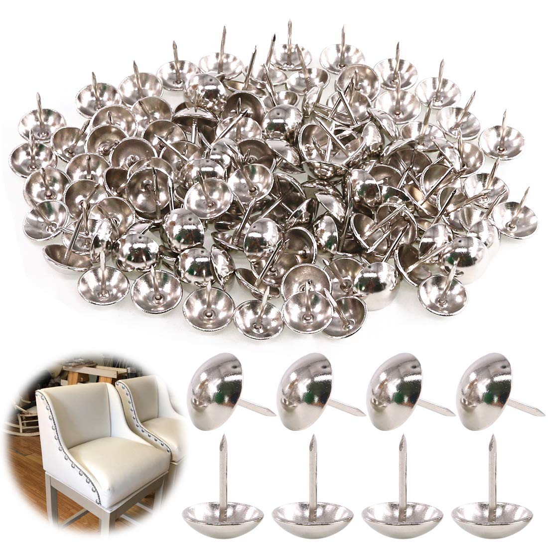 Keadic 250Pcs 5/8" (16mm) Antique Upholstery Tacks Furniture Nails Pins Assortment Kit for Upholstered Furniture Cork Board or DIY Projects - Silver