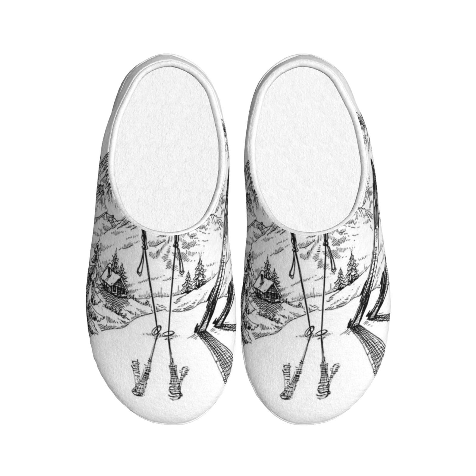 Pantoufles en coton Tpr imprimées sur le thème du ski, adaptées pour un usage quotidien à la maison et en voyage en plein air, Noir , Large