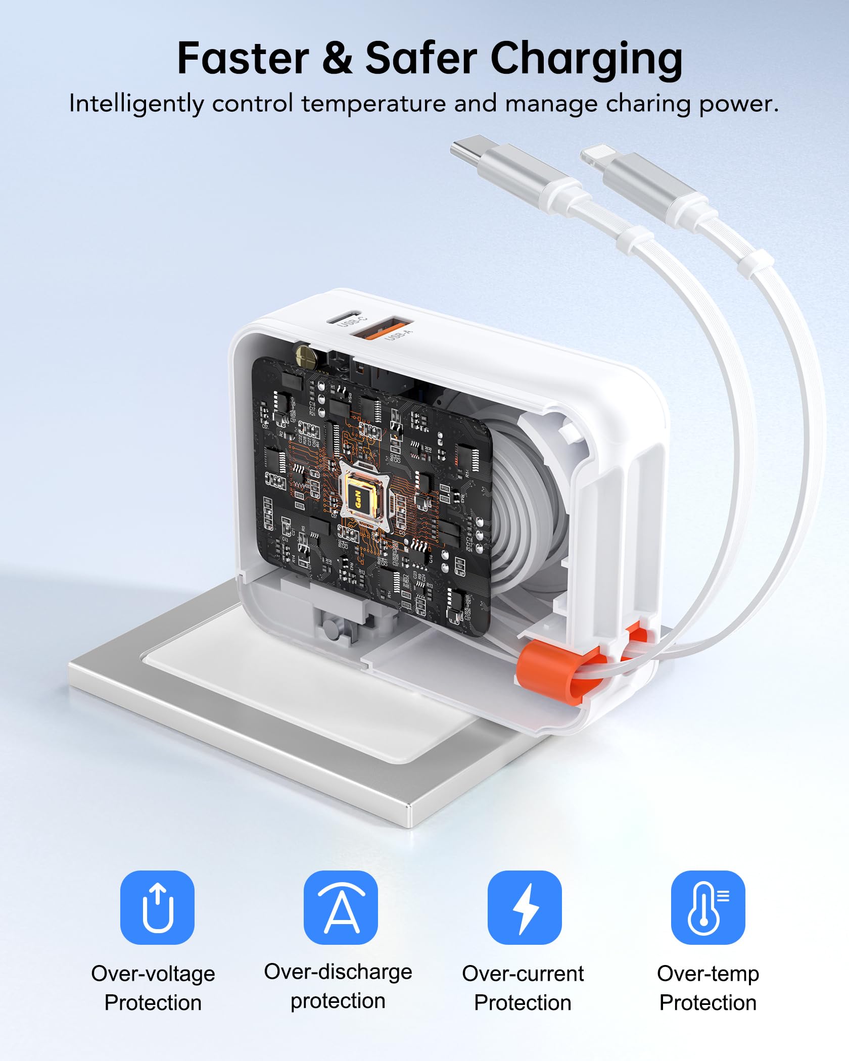 Cargador de teléfono retráctil 4 en 1 con doble puerto USB, cargador de pared retráctil de 2 pies con cables duales, cargadores USB C de 50 W que bloquean la carga rápida para iPhone 17 Pro/16/15/14