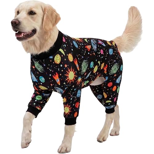 LovinPet Big Dogs Onesies: Big Dog Pajamas, Post Surgery/Wound Care, Lightweight Stretchy Fabric, Interstellar Black Print, Dog Jumpsuit, Anti Licking, Pet PJ's/Medium