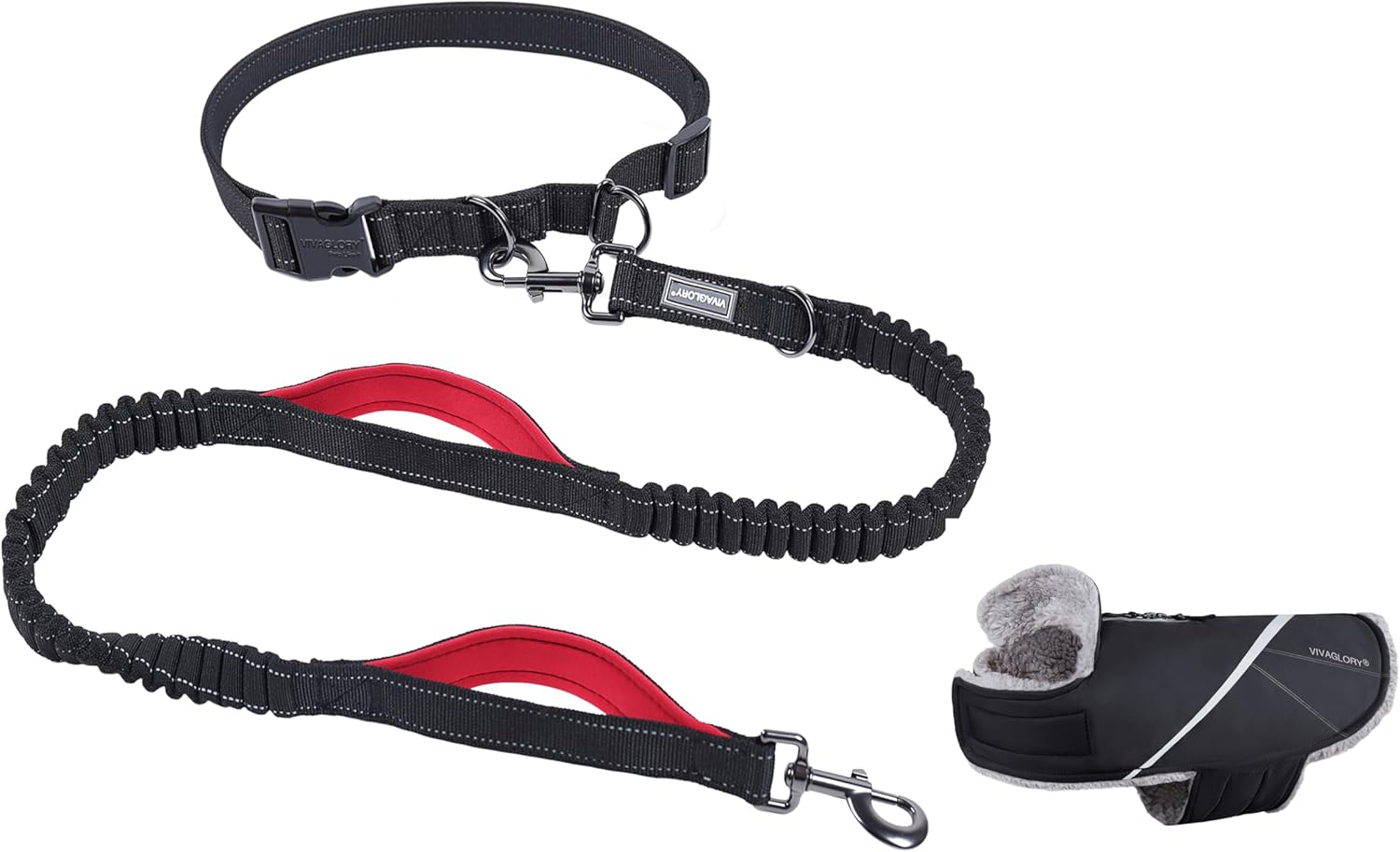 VIVAGLORY Hands Free Dog Leash + Dog Coat, Running Waist Leash with Belt for Running Walking, Warm Fleece Lined Reflective