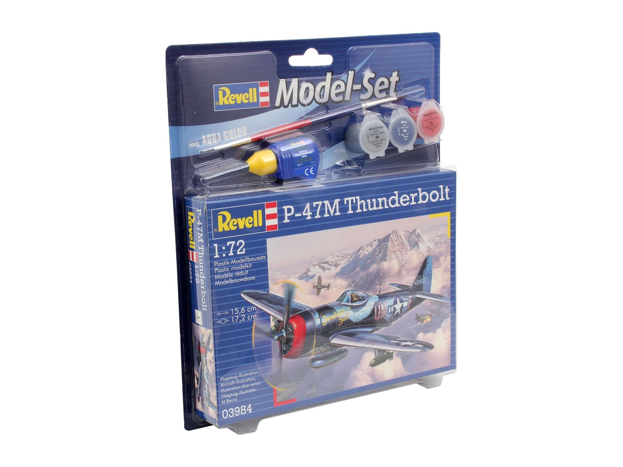 Revell Model Set 63984 P-47M Thunderbolt 1:72 Scale Unbuilt/Unpainted Plastic Model Kit with Contacta Professional Glue, Paintbrush & Selected Aqua Color Paints