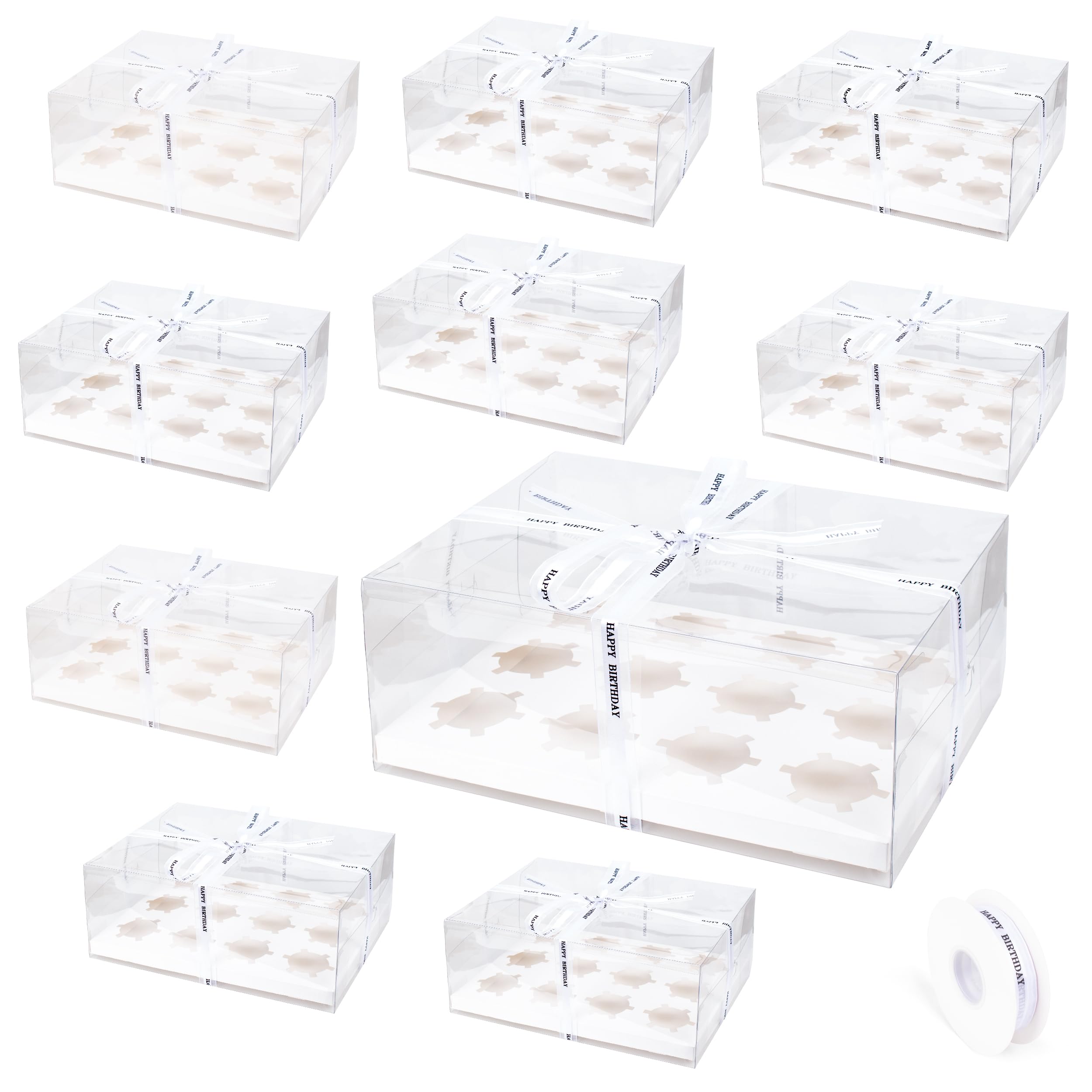 10 Pack Clear Cupcake Boxes, 12 Counts Cupcake Containers with Gift Ribbon, Plastic Cupcake Carrier Holder for Treat Dessert Cookies Muffins Pastry Baby Shower Party