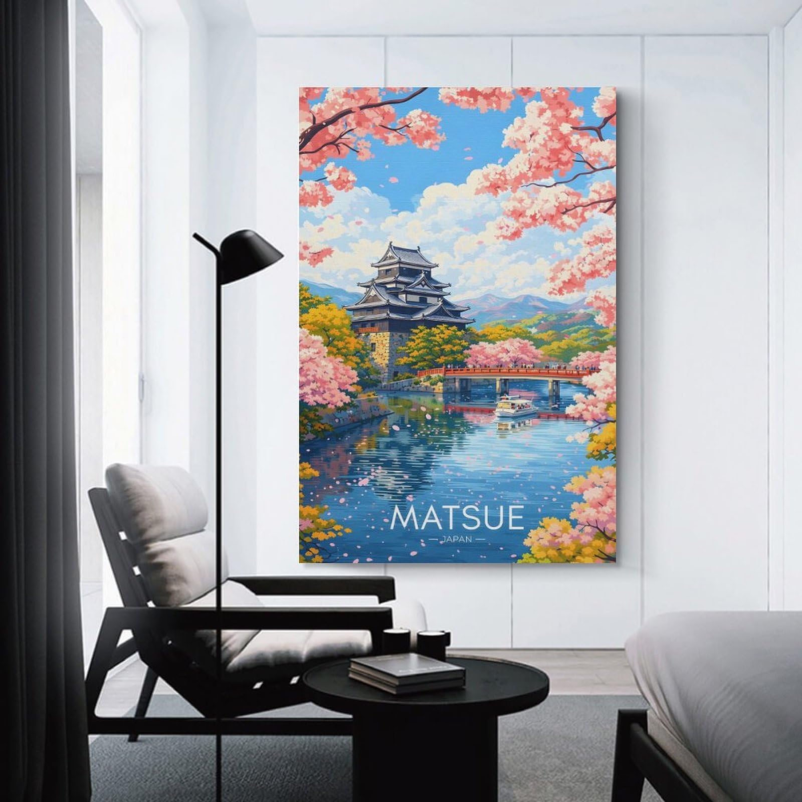 Junmoney Matsue Castle Cherry Blossoms Canvas Wall Art, 08x12inch(20x30cm), for Wall Displays, Bedrooms Or Room Updates, Ideal for Building A Coordinated Art Wall