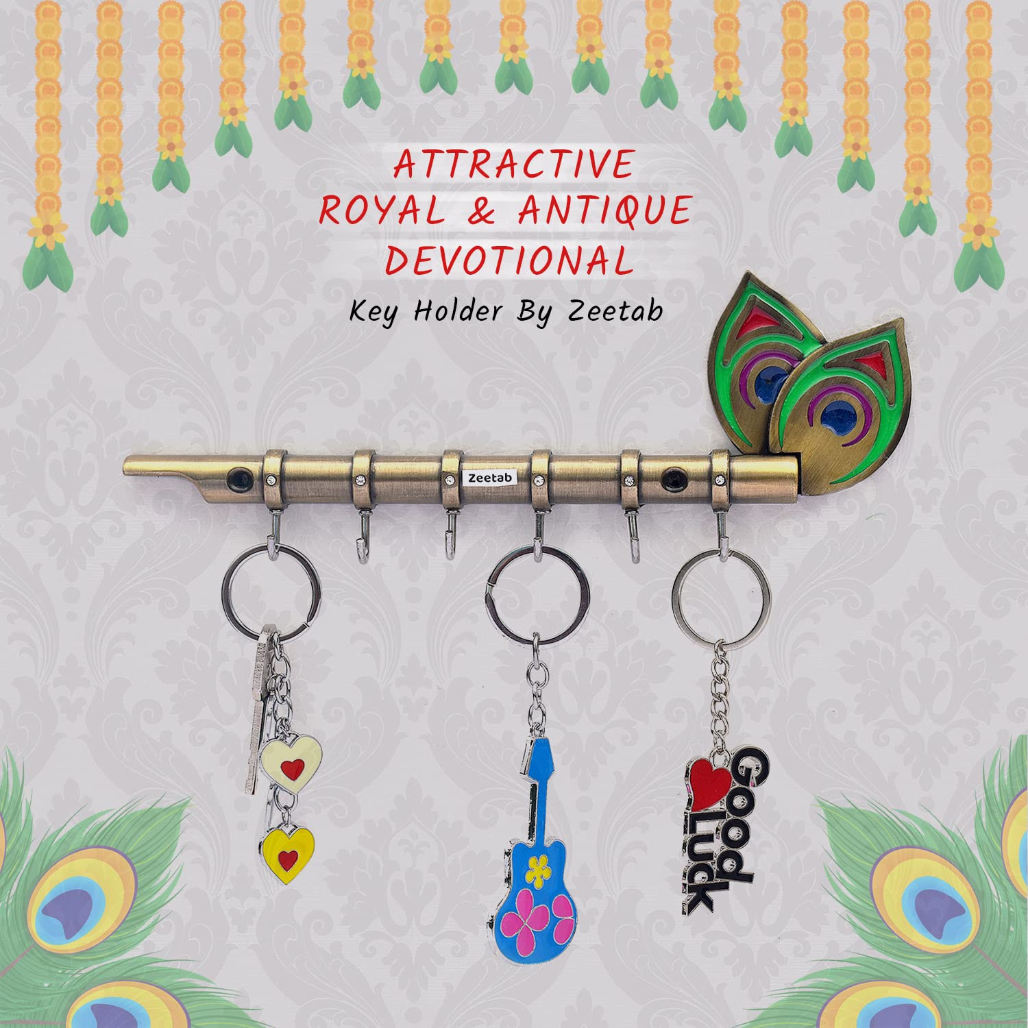 Zeetab Lord Krishna Key Holder & Hanger with Diamond, Metal Peacock Flute Key Stand with 6 Hook Wall Mount, Home Decor Gift (Antique Brass) 4