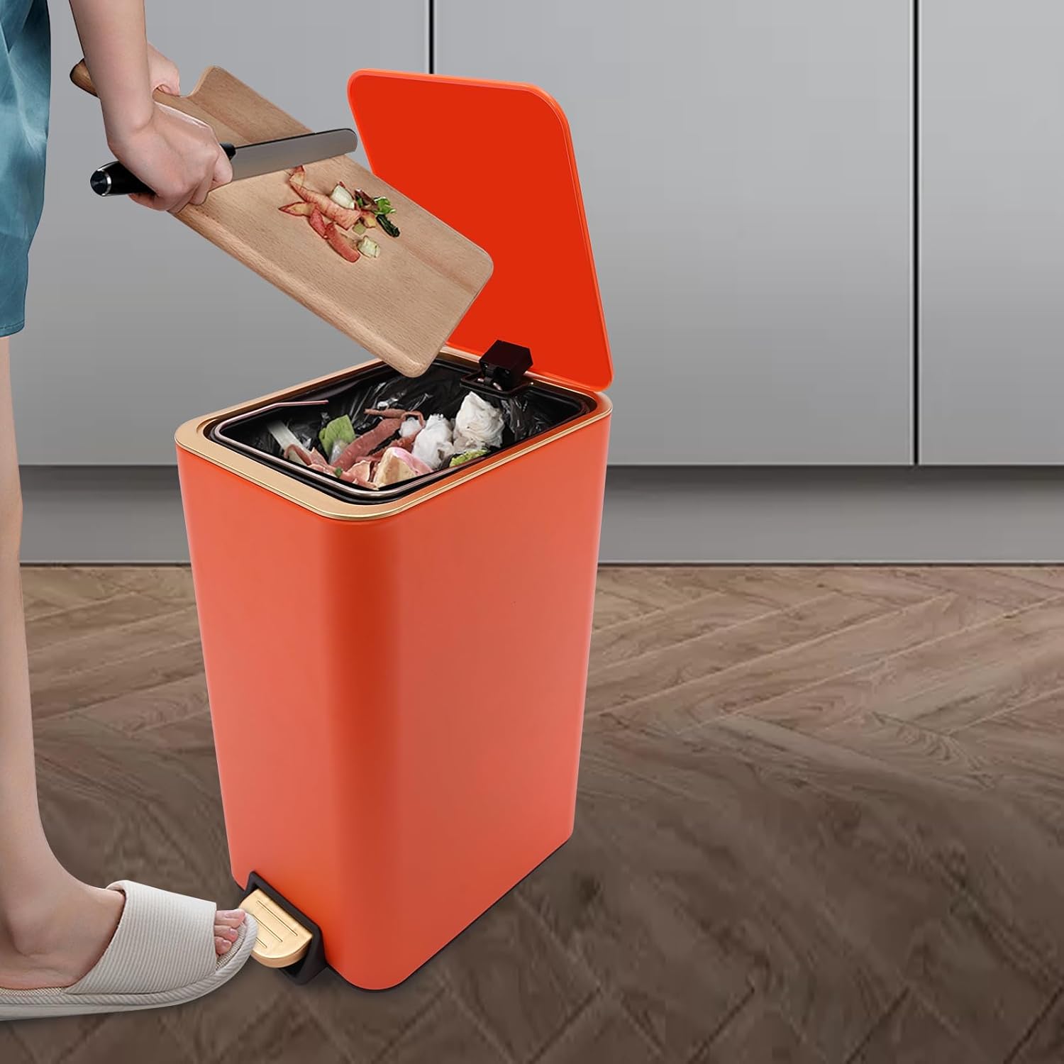 12L Slim Step Trash Can with Lid Soft Close, 15.5 x 12 x 8.6in Size Stainless Steel Trash Bin, Rectangular Wastebaskets Bin for Living Room, Bedroom, Office (Orange)