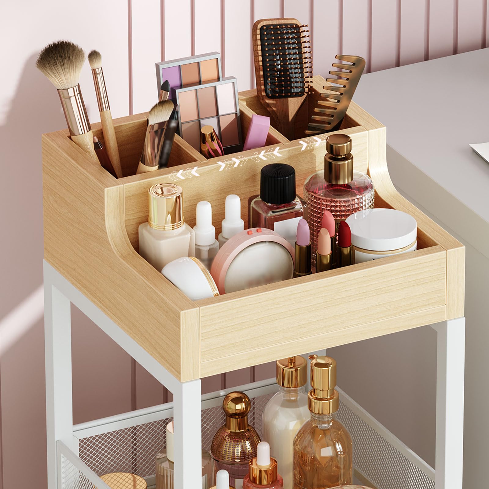 HOOBRO Doppel-Schubladen Kosmetikwagen, Mobiler Schminkwagen, Kosmetik-Aufbewahrungswagen, Badrollwagen für Hautpflegeprodukte, Pinsel, Nagellack, Friseurbedarf, Weiß und Natur EWN19TC04