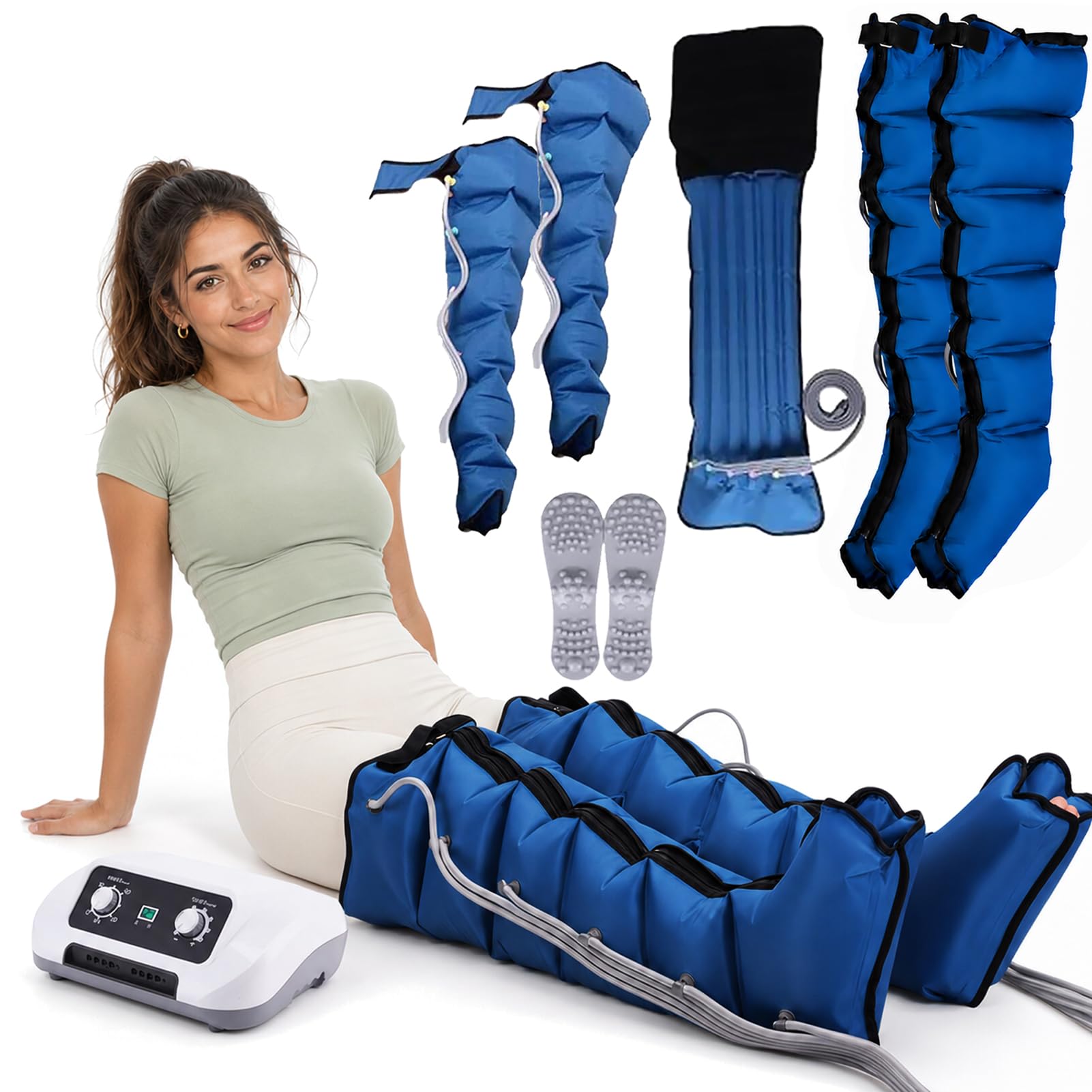 Presoterapia Cuerpo Completo con Abdomen Y Piernas Y Brazos, 6 Cámaras, Maquina De Presoterapia Profesional para Casa, Favorece & Mejor Circulación, Drenaje Linfático, 30-240mmHg, 0-30 Min