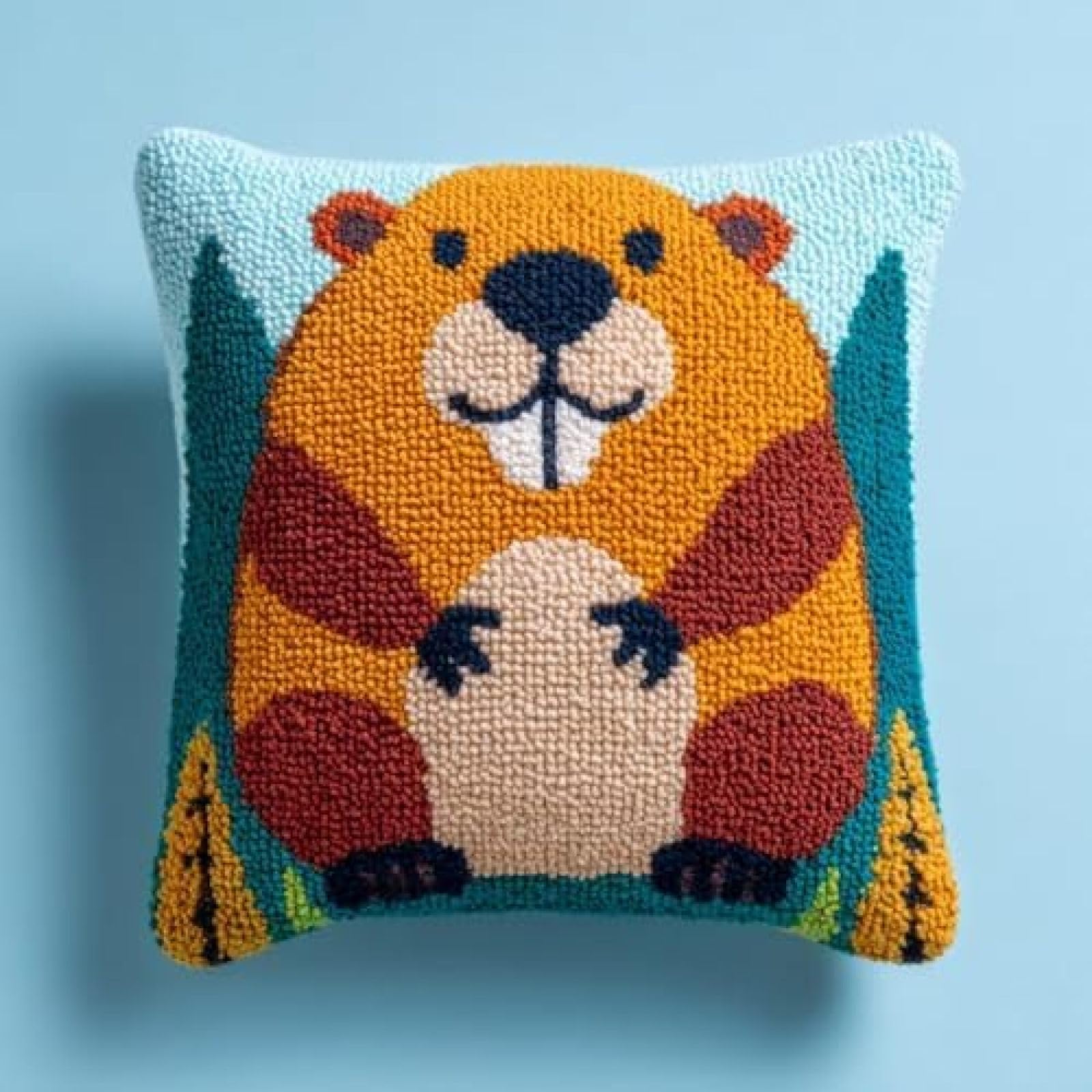 kitphoenix Cute Groundhog Cushion Cover Latch Hook Kit for Adults,DIY Craft Kit with Pre-Printed Canvas,Yarn and Hook,43x43 cm Handmade Home Décor