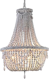 KunMai Farmhouse Distressed Wood Beaded Basket Chandelier White Pendant Three Lights Vintage Bedroom Bead Chandeliers