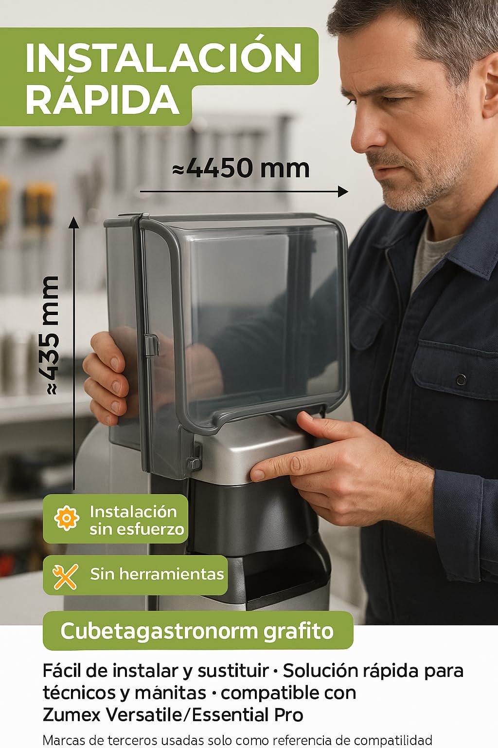 CubetasGastronorm Cubierta Delantera Tapa Frontal Plástico Grafito con Perfil Silicona para Exprimidor compatible Zumex Versatile Essential Pro Ref S3300930:01 450x435 mm Recambio Profesional Original