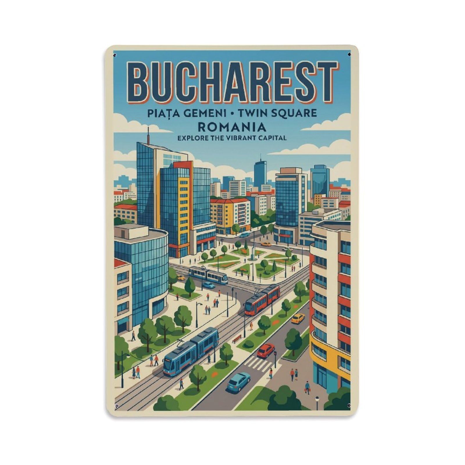Vintage Travel Bucharest Piata Gemeni Clean Romania Metal Tin Sign Plaque Wall Decor for Cafe, Club Bar, Office, Home Garden Metal Poster 8x12Inch