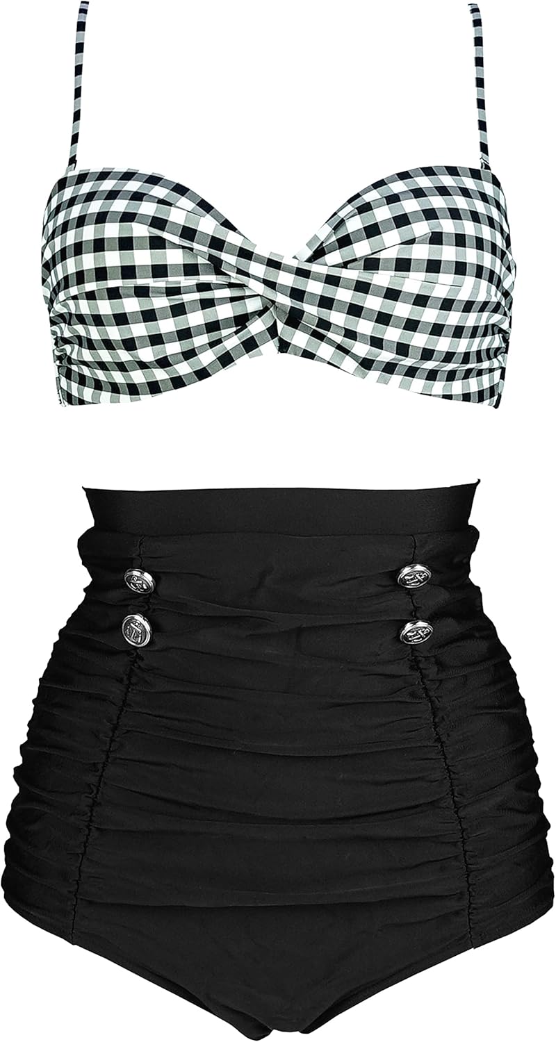 COCOSHIP Retro Polka Dot Twisted Front High Waisted Bikini Set Tie Belt Vintage Ruched Swimsuit(FBA)