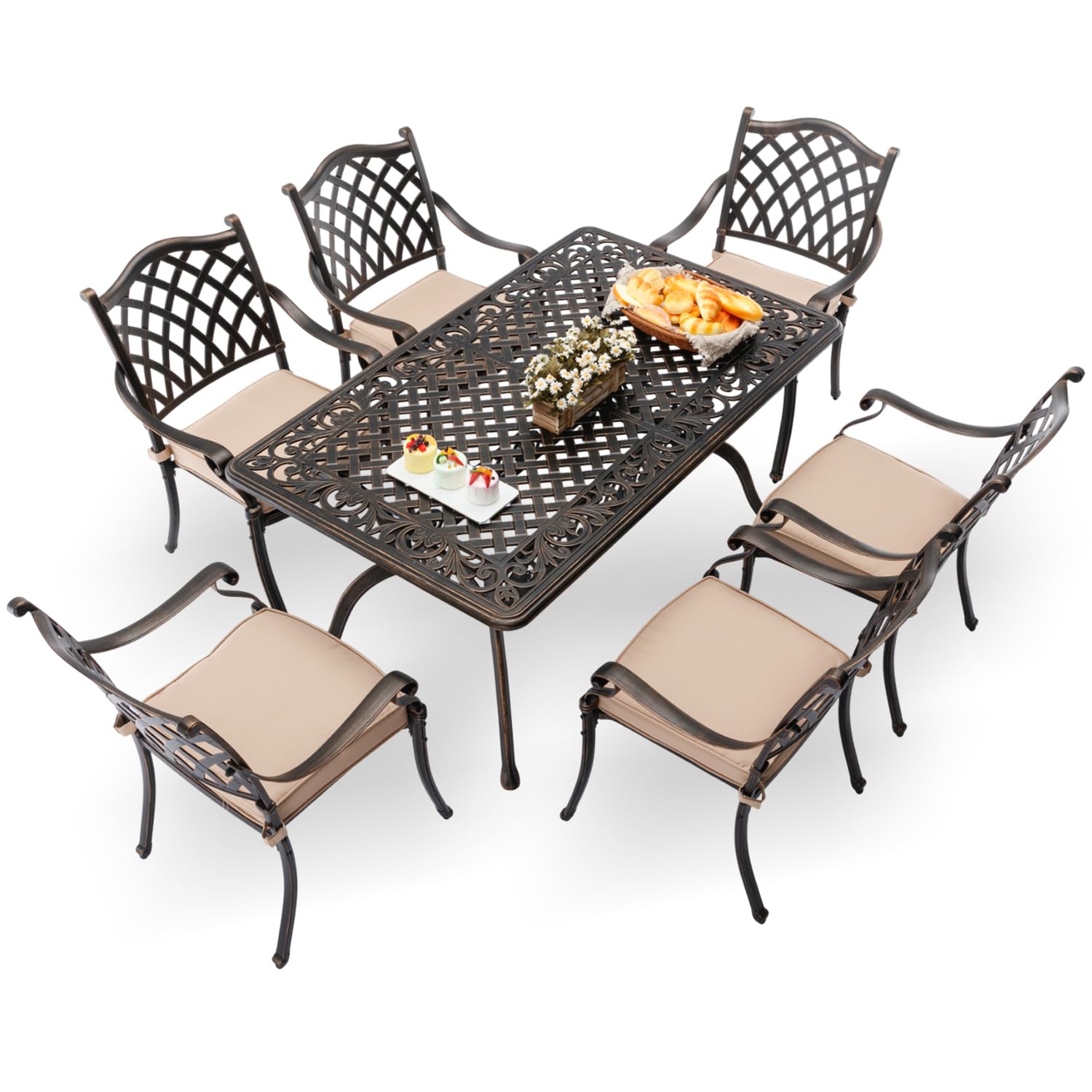 AIWOEN 7-Piece Cast Aluminum Patio Furniture, Patio Dining Set for 6 Include 59" Rectangular Outdoor Dining Table and 6 Stackable Chairs with Cushions