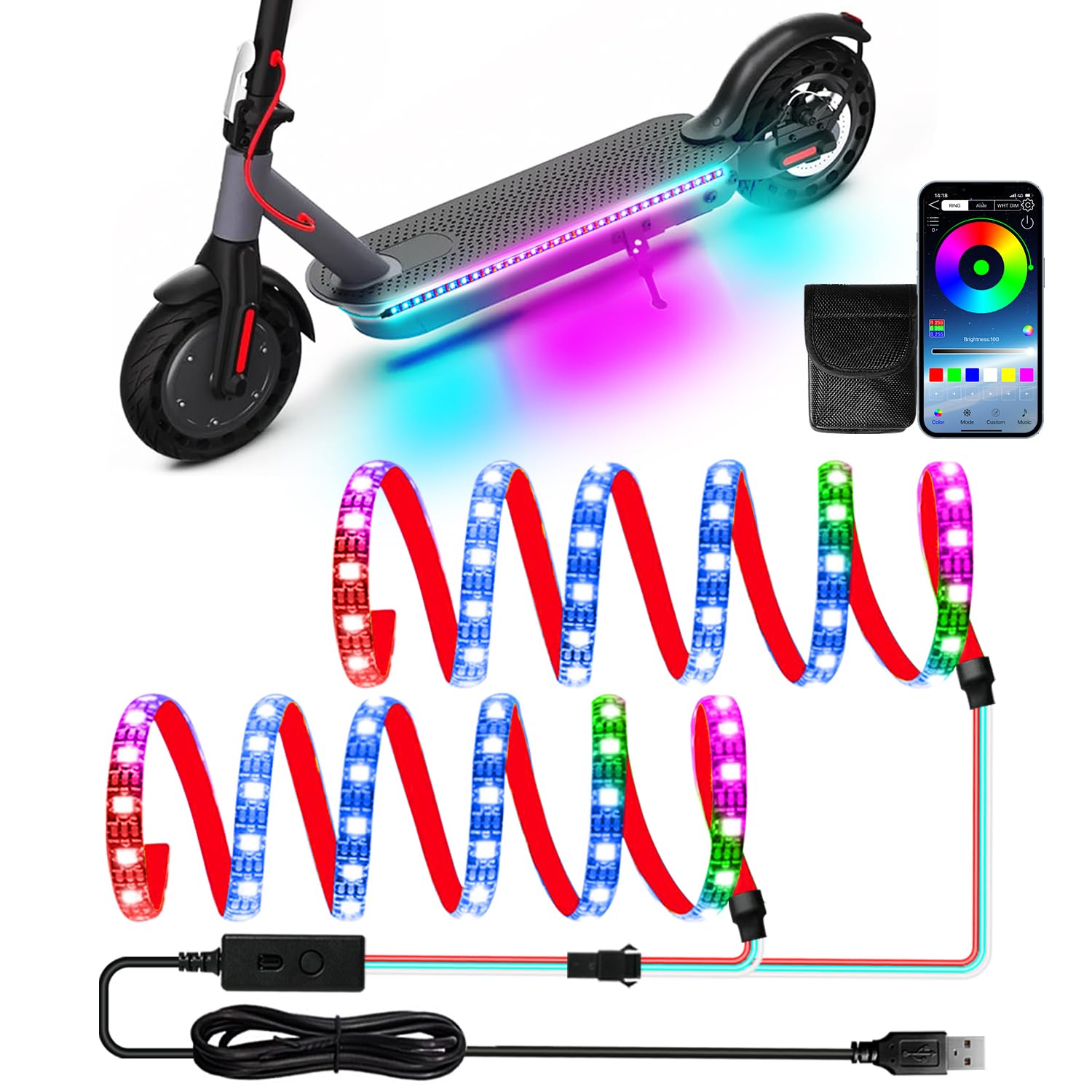 Keiurot LED Lights Strips for Scooter Night Riding, 5V Skateboard Lights APP Control RGB Waterproof Electric Scooter LED Light Accessories 2 in 1