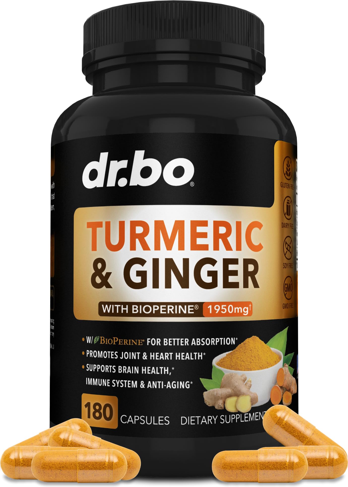 Turmeric Curcumin with BioPerine & Ginger Supplement - Knee Support Supplements & 1950mg Organic Tumeric and Curcumin BioPerine Black Pepper Pills - Turmeric and Ginger Supplement 180 Capsules