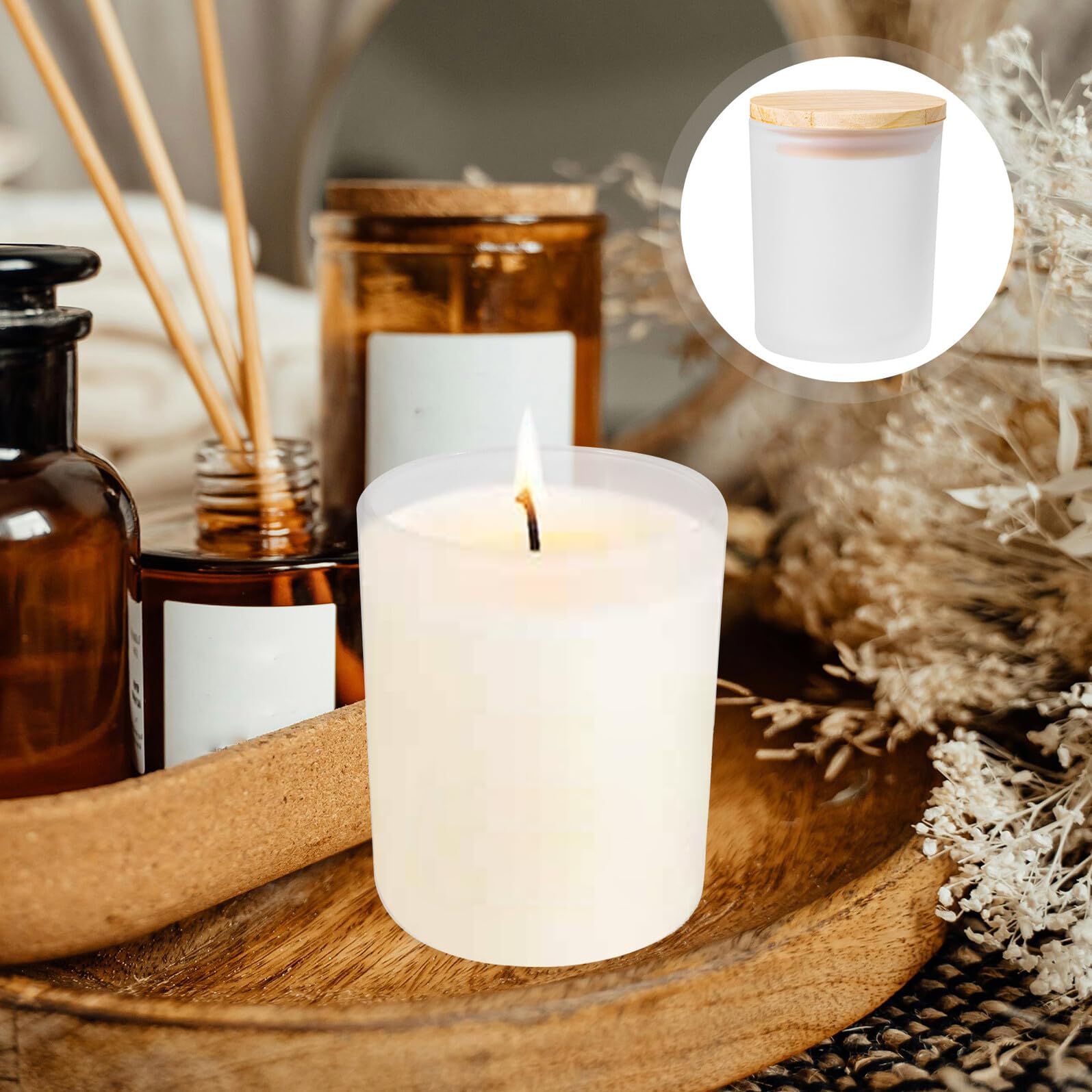 4 Stück Kerzengläser mit Holzdeckel 400ml Mattes Glas Zylindrischer Duftkerzenhalter für Stabile Elegante Aromakerzen und Verlängerte Brenndauer im Wohnbereich