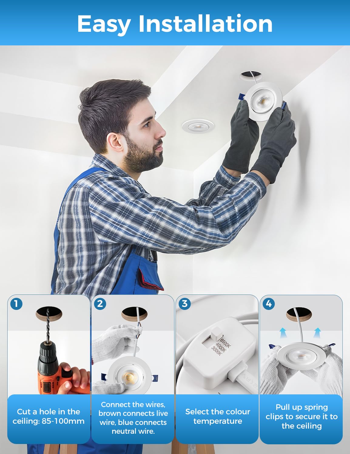 Spots LED Encastrables Orientable, 7W 650LM Spots de Plafond Extra Plat Encastré Blanc Chaud 3000K Blanc Neutre 4000K Blanc Froid 6500K,IP44 Spot Pour Salle de Bain,Trou Φ85-100mm, Lot de 6