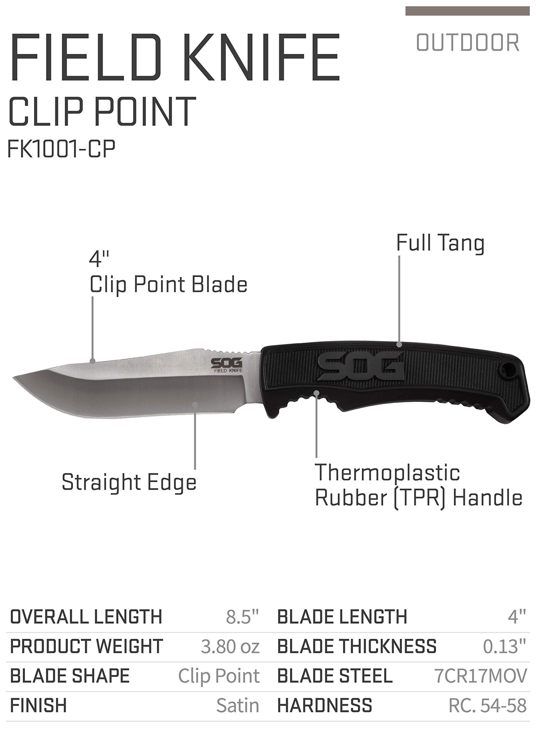 SOG Survival Knife with Sheath Field Knife Fixed Blade Knives 4 Inch