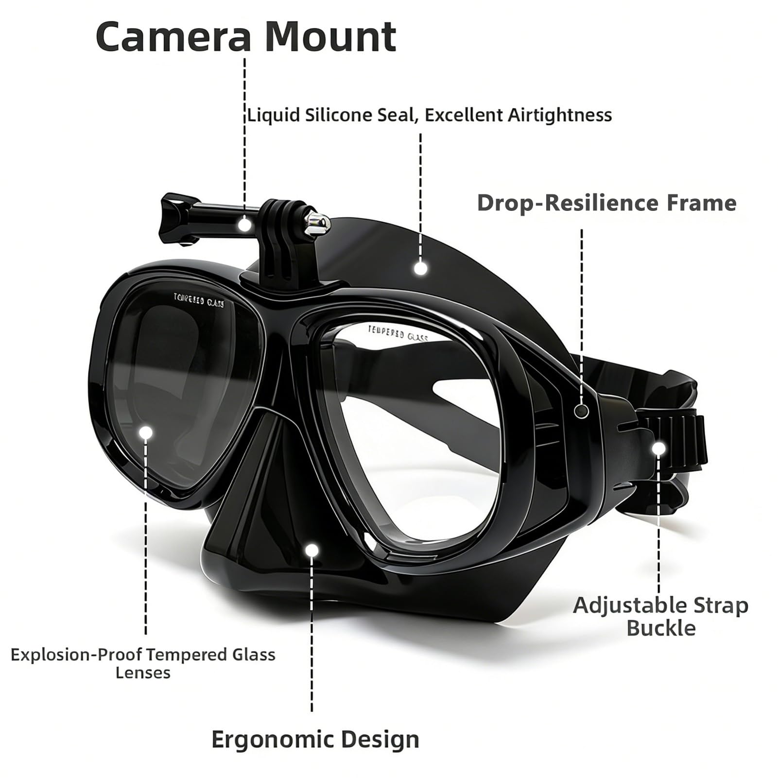 Máscara Snorkel Seca con Soporte Cámara, Gafa Silicona Cómoda | Equipo de Snorkel con Base para cámara; System Seco Respirable, Ideal para Buceo Turístico y Viajes