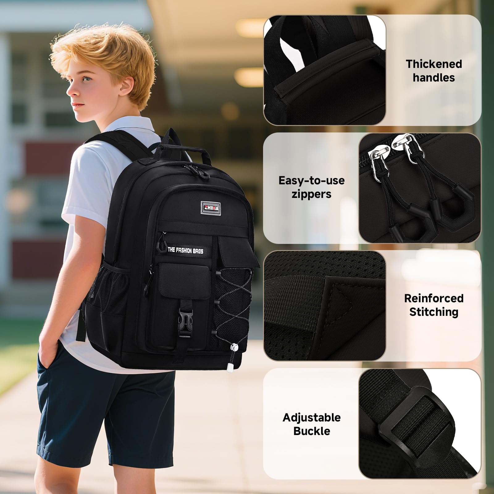 Amythe Schulrucksack Jungen Teenager 29L Wasserabweisend für 15.6" Laptop Schwarz