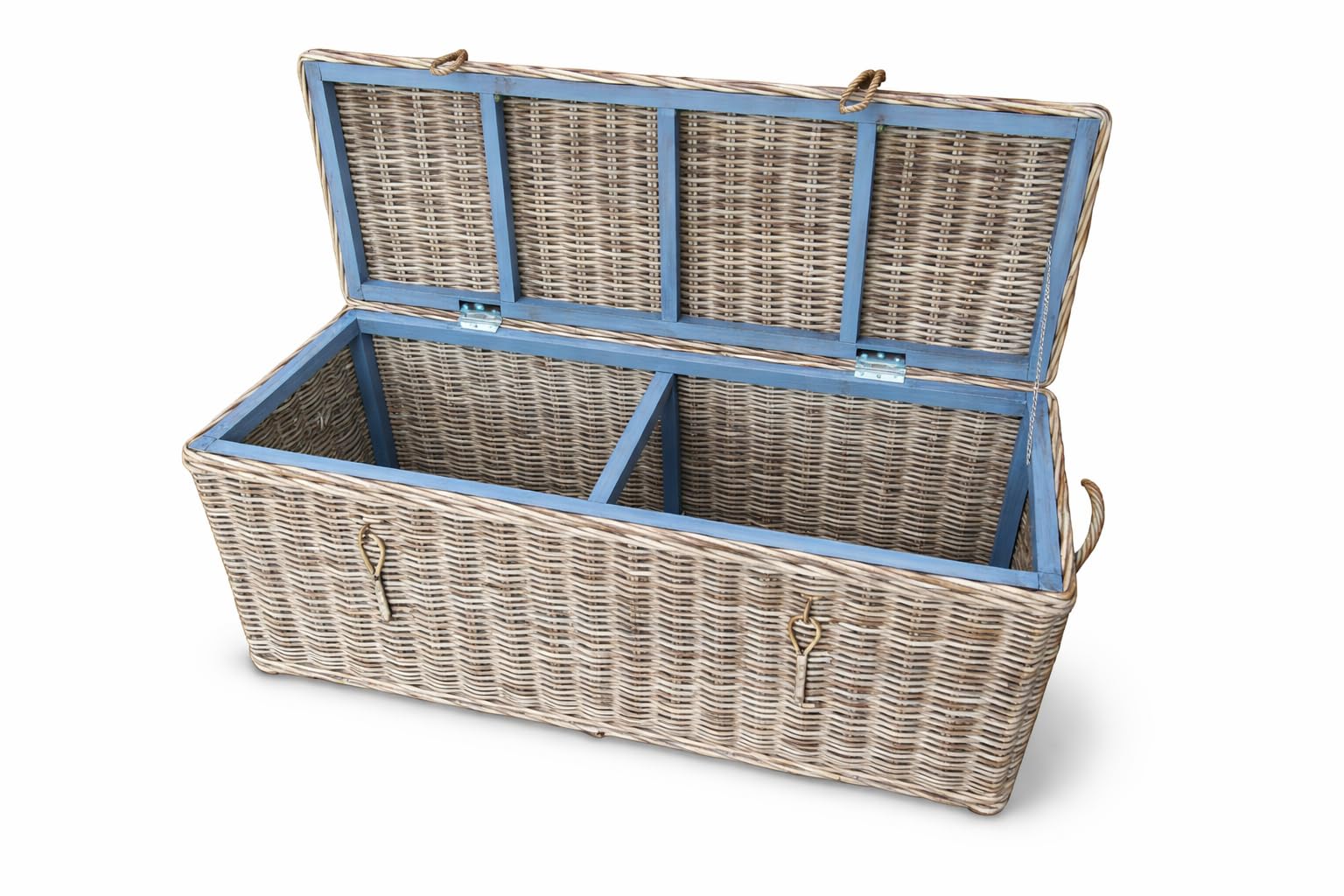 Landhaus Truhenbank Sylt aus Natur-Rattan mit gepolsterter Sitzauflage, Sitzbank mit Stauraum, 120 x 52 x 44 cm, Flurbank im Landhausstil