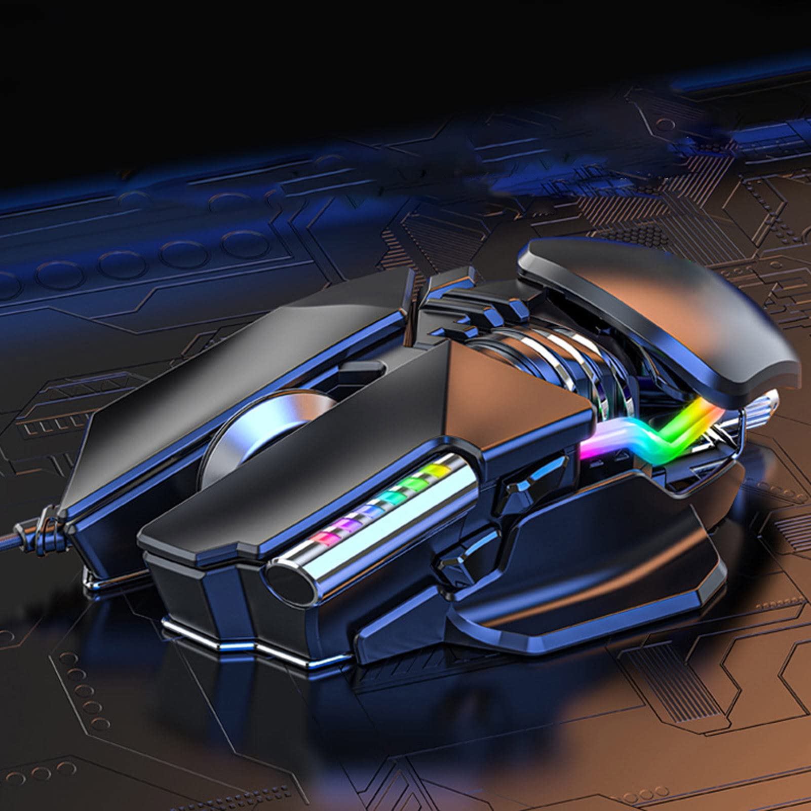 Ratón de Juego, 12800 Ppp Ajuste Retráctil Iluminación Refrigerada por Agua RGB Ratón con Cable Rodillos Galvanizados Base de Metal Cepillado. Ratones para Juegos de PC con Clave de Ciclo Base DPI