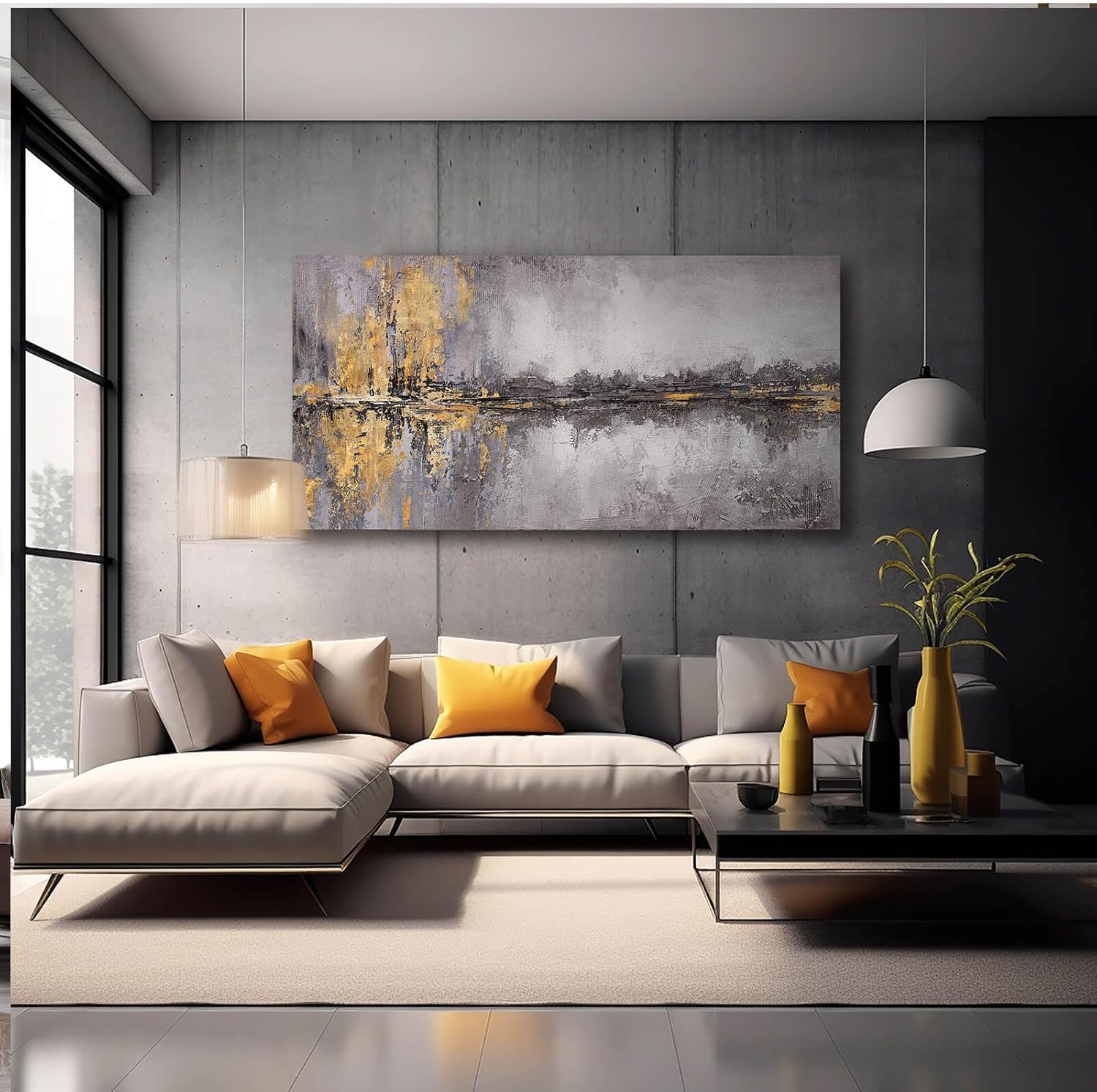 Abstract Wall Art Framed Canvas Wall Decor Gold Grey Pictures Vintage Prints Artwork for Living Room Dinning Room 29"x58" - Image 2