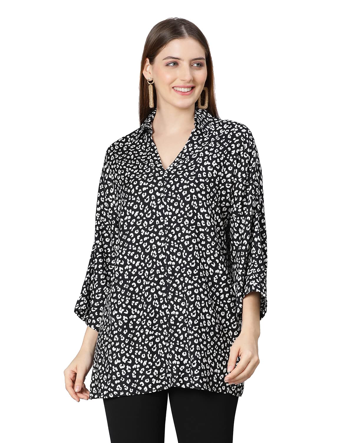 oxolloxo Women Regular Fit Polyester A-Line Kimono Sleeves Printed Casual Black Tunic-picture-53