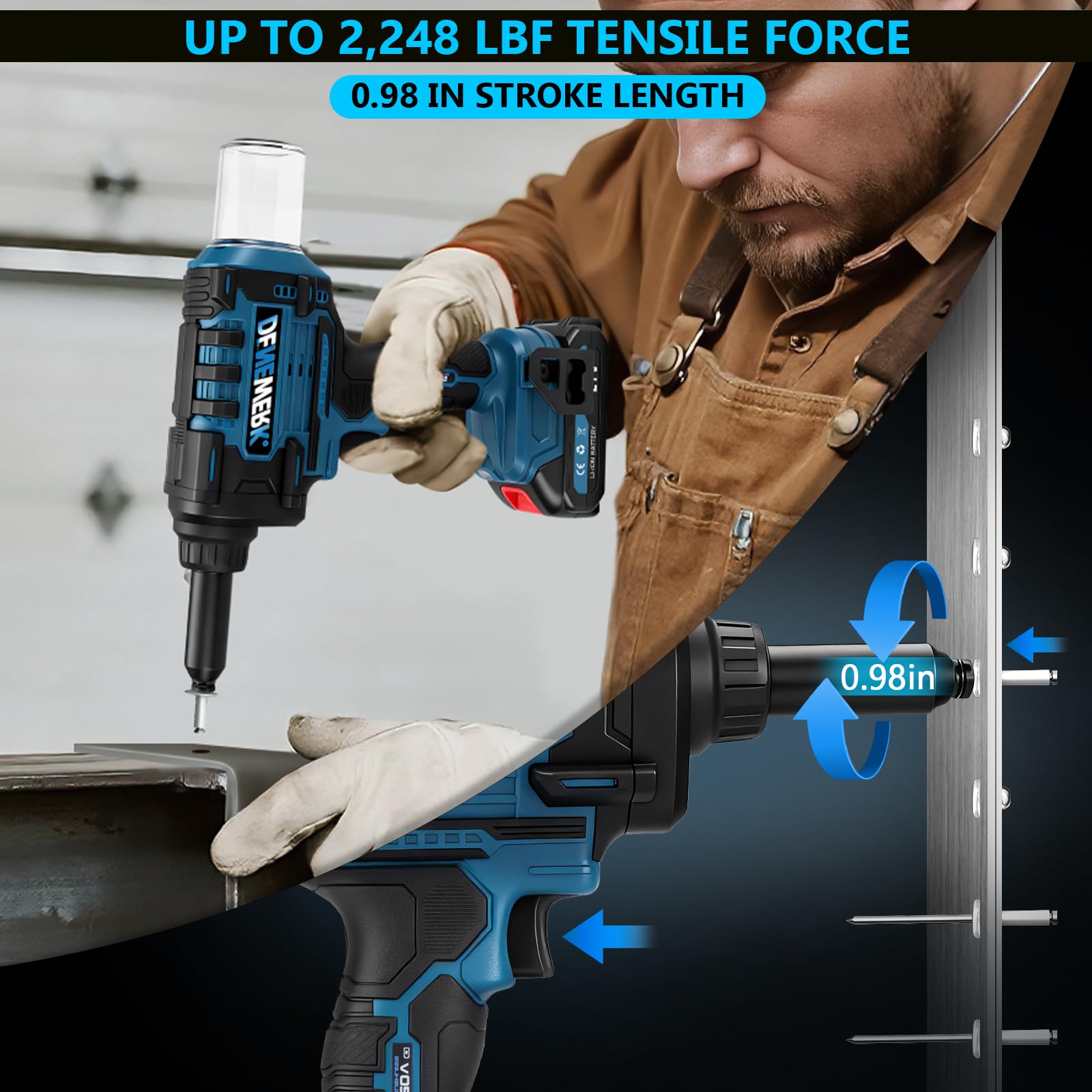 Pistola Remachadora Inalámbrica Compatible con Makita 18V, Pistola de Remache eléctrica automática para remaches ciegos de acero de 2,4-4,8 mm y remaches ciegos de aluminio de 2,4-6 mm, 25 mm carrera