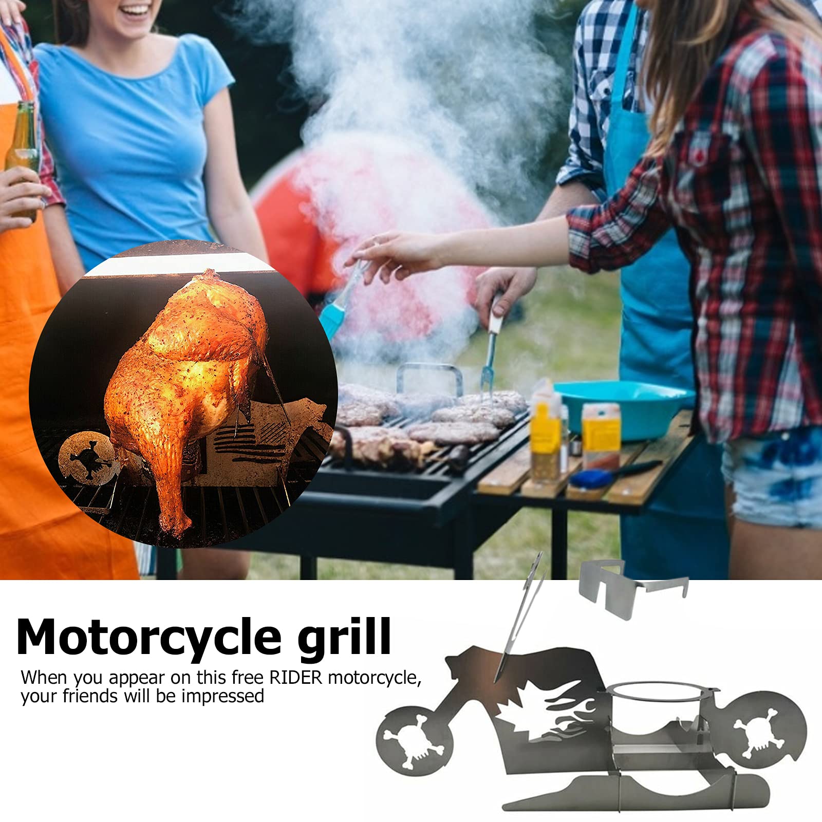 Soporte Para Asar Pollo En Forma De Moto - Parrilla Portátil De Acero Inoxidable, Ideal Para Barbacoas Y Camping