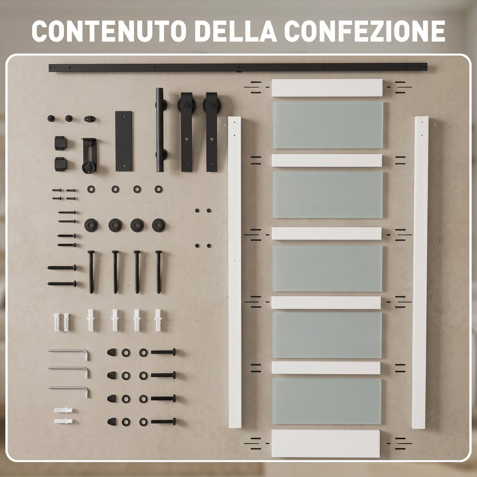 HOMCOM Porta Scorrevole Interno 91.4x213.4cm in Vetro Satinato, MDF e Pino, Binario Silenzioso in Acciaio, Kit Ferramenta, Maniglia Migliorata, Porta da Interno Stile Industriale, Impermeabile, Bagno