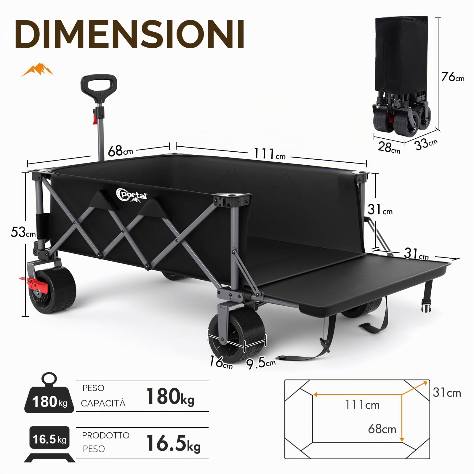 Portal Carrello pieghevole da festival XXL con freni, resistente, 600 l, carro da spiaggia, carrello da giardino pieghevole per picnic, capacità 180 kg