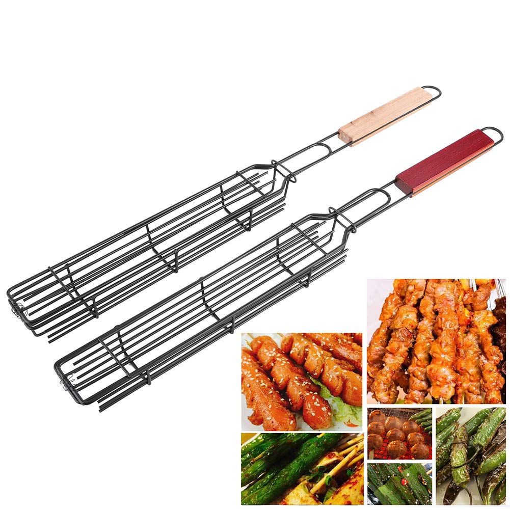 2 pièces paniers grille pour barbecue, grille de barbecue avec poignée en bois pour kebab, saucisse, légumes, poissons, crevettes, 49 x 4,7cm