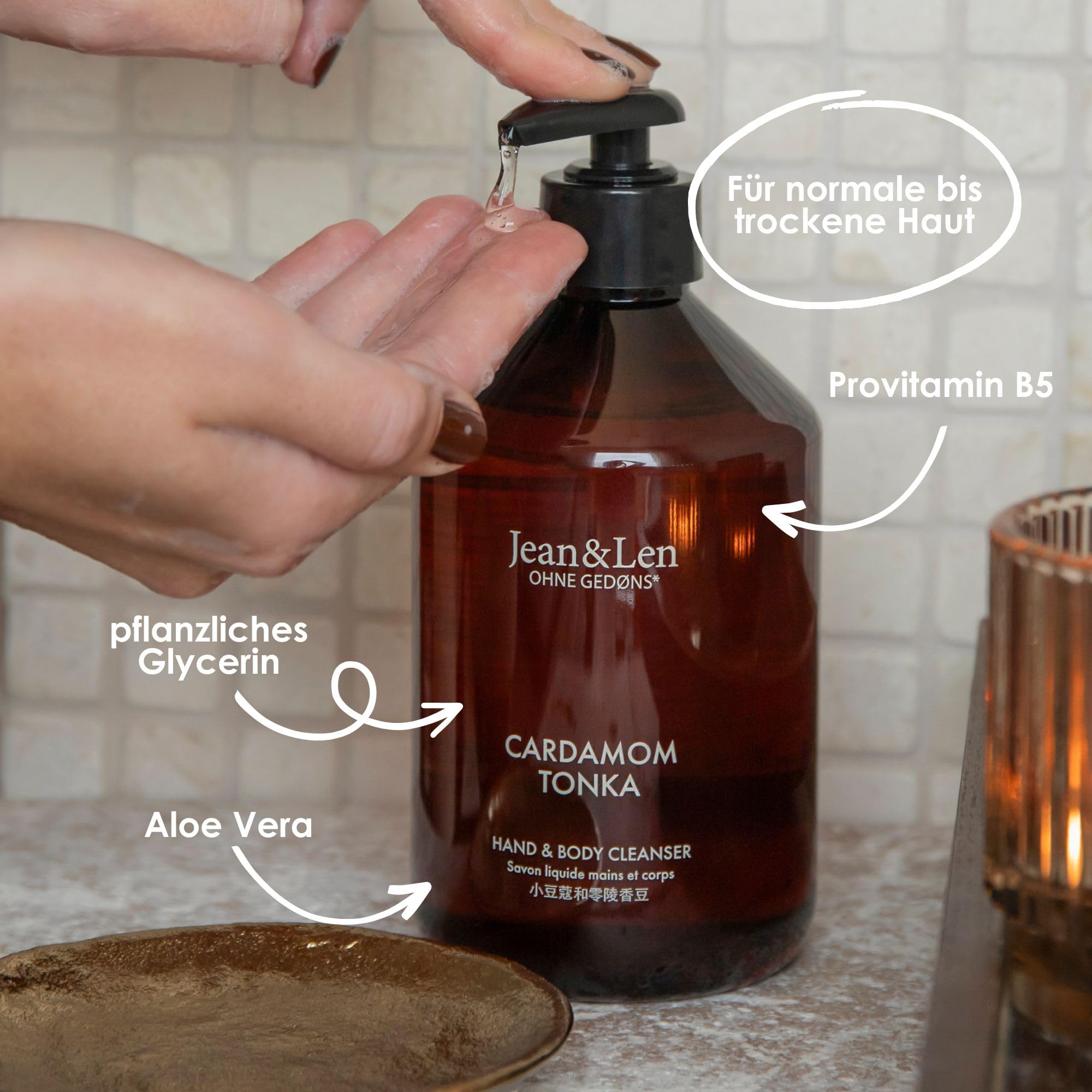 Jean & Len Hand & Body Cleanser Cardamom & Tonka, für ein duftendes Reinigungserlebnis, Körper- & Handseife in einer hochwertigen Flasche, exotisch-würziger Duft, vegan, 500 ml (Packung mit 4)