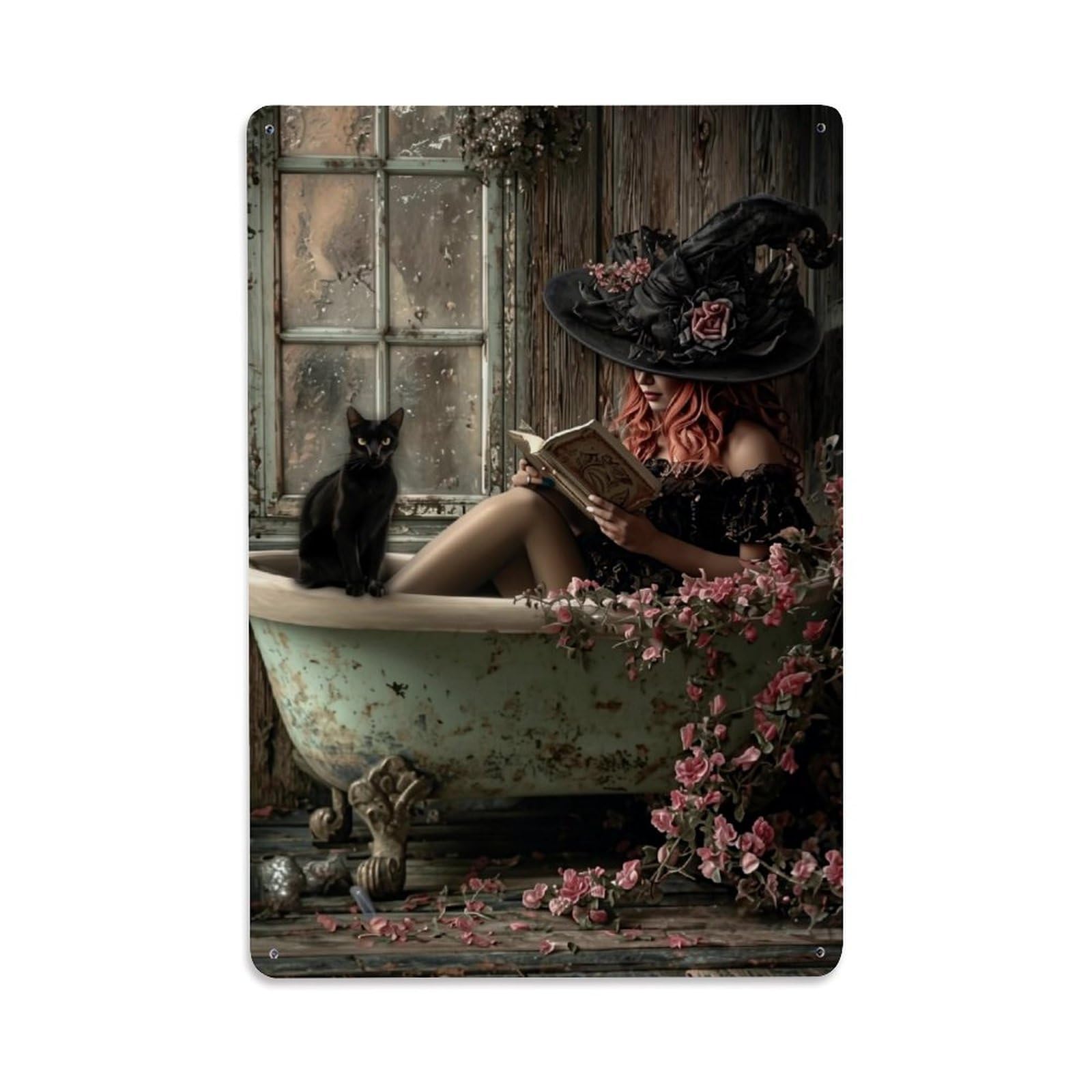 Jdfenggu Vintage Bathtub Witch Cat Roses Retro Metal Tin Sign, Decor Art Poster For Bar, Home, Man Cave, Kitchen, Laundry Room Gift 8X12inch