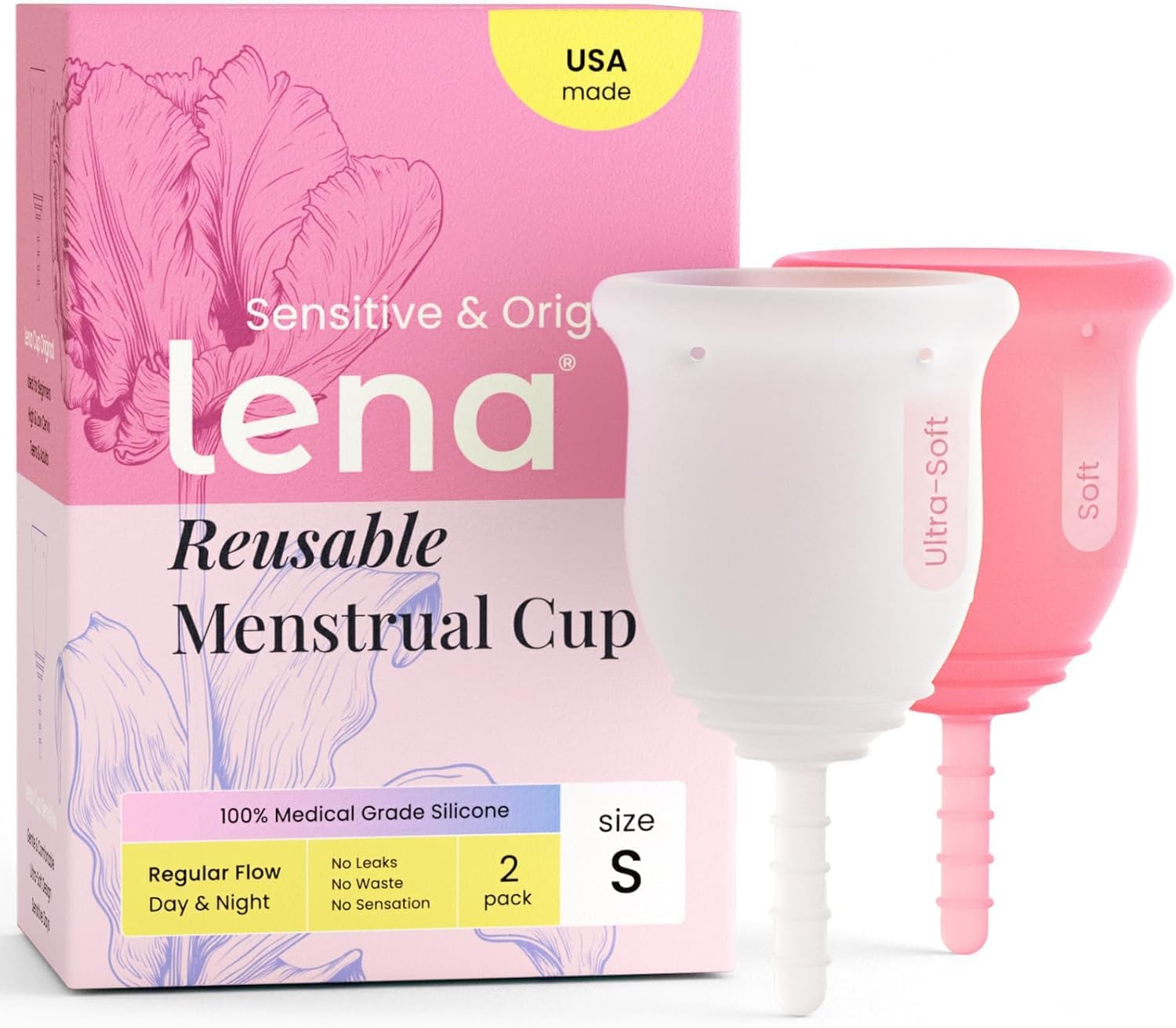 Lena Soft & Sensitive Ultra-Soft Menstrual Cups 2-Pack Set (Small) Medical-Grade Silicone Period Cups for Women, Beginner-Friendly, 12-Hour Leak-Free Comfort & Feminine Care