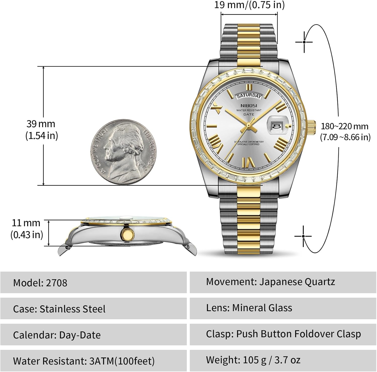 NIBOSI Men's Watches Analog Quartz Diamond Bezel Stainless Steel Dial Rose Gold Silver Watches for Men Waterproof Business Classic Dress Wrist Watch with Day Date - Image 3