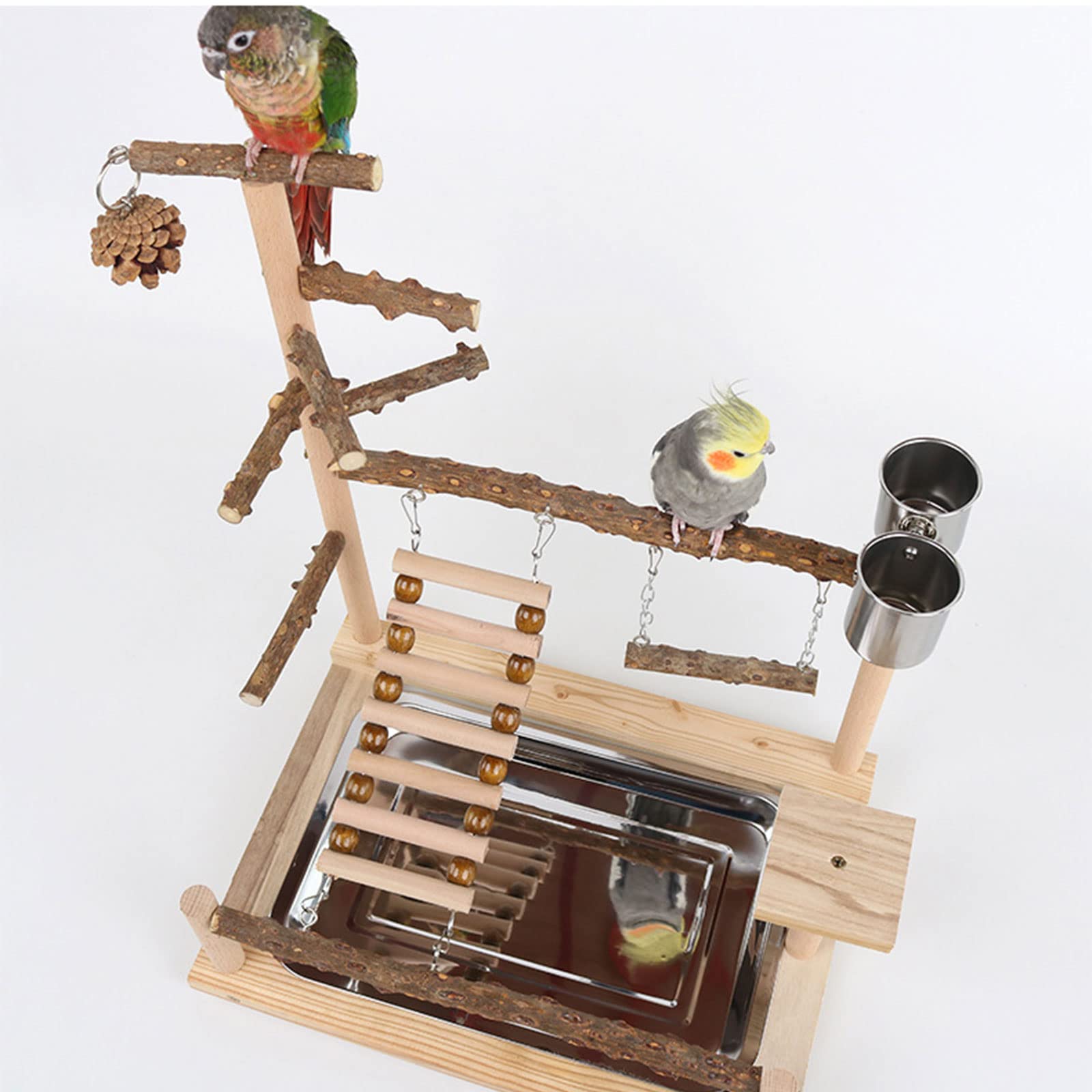 Pet Parrot Playstand Pappagalli Uccello Uccello Gioca Stand Trespolo in Legno Scala con Piastra di Alimentazione in Acciaio