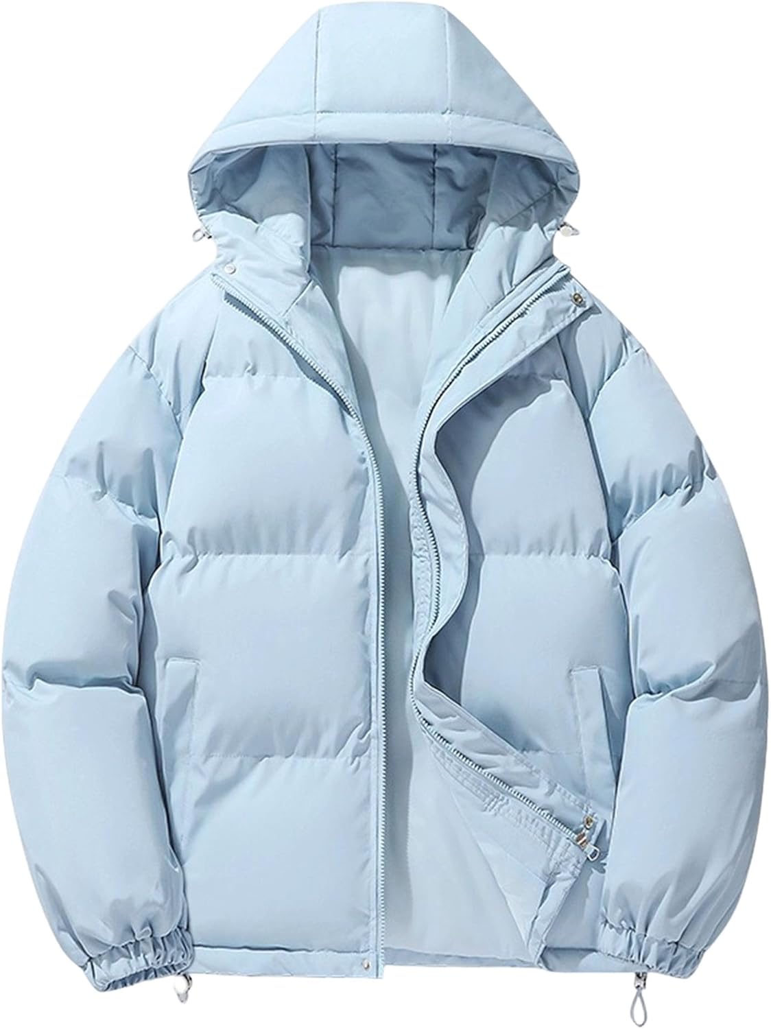 Mens Hooded Down Jacket Plus Size Loose Fit Puffer Jacket Full Zip Up Windproof Winter Jacket with Pockets