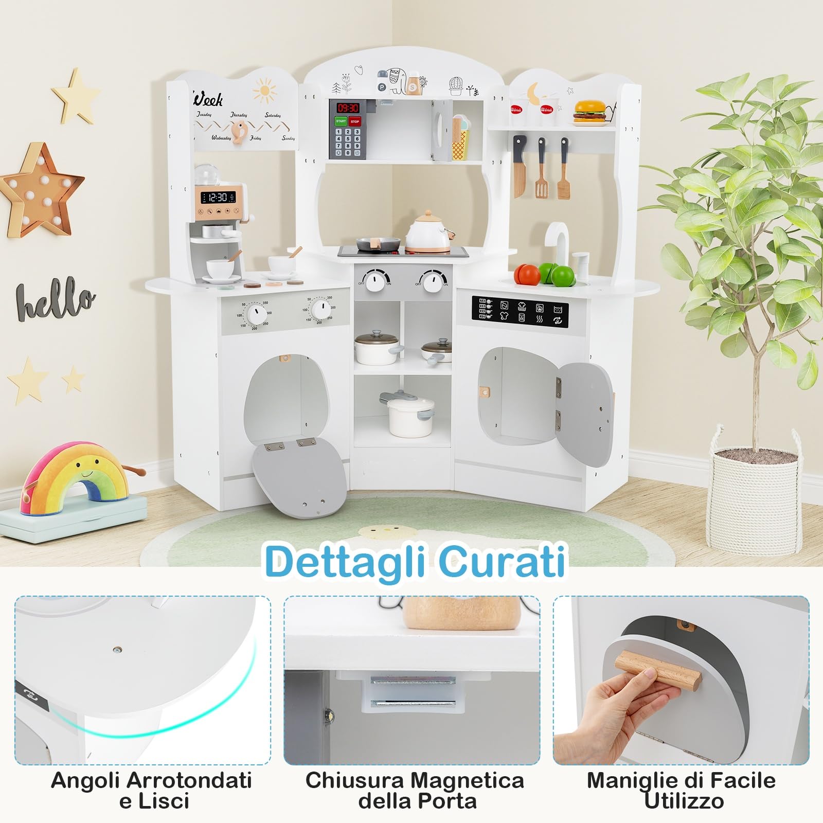 RELAX4LIFE Cucina Giocattolo per Bambini, Mini Cucina Angolare in Legno con Luci e Suoni Reali, Utensili, Set Giocattoli per Bambini 3+ Anni, 105 x 30 x 95 cm (Bianco)