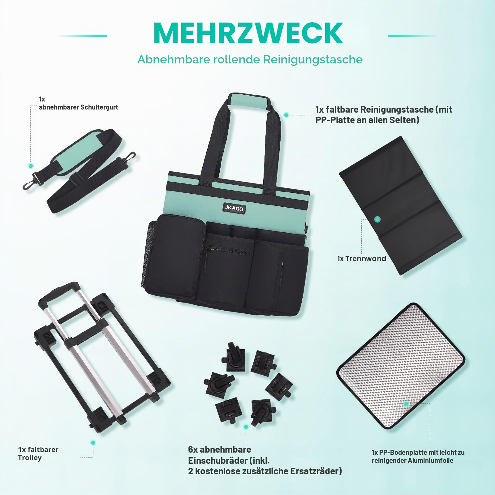 JKAOO Große Reinigungs-Caddy-Tasche mit abnehmbarem Trolley, wasserdichter Reinigungs-Caddy auf Rädern für Haushälterinnen, Reinigungswagen, Organizer für Zuhause, Auto, Büro, Picknick (blau-grün)