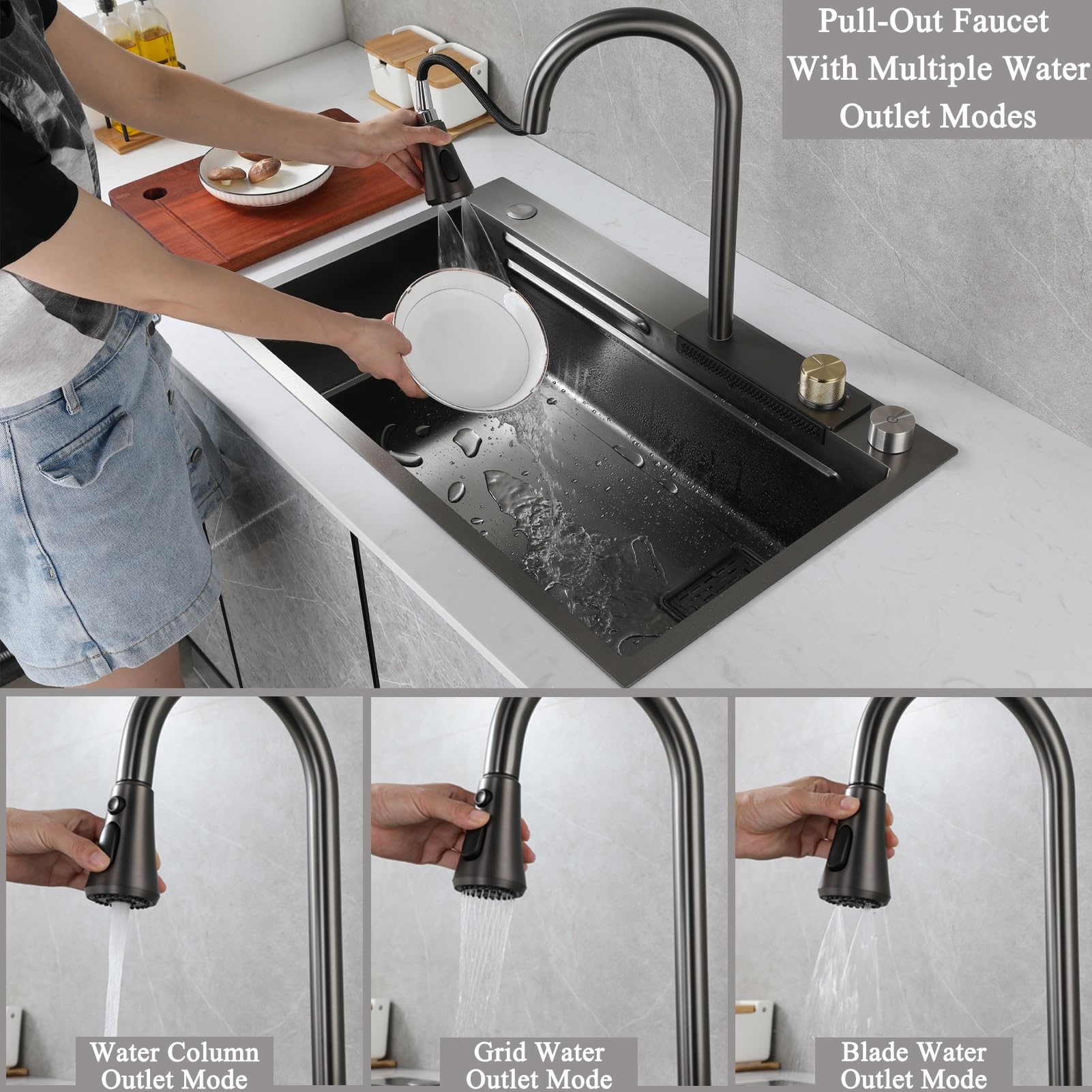Fregadero De Cocina En Cascada Fregadero De Cocina De Acero Inoxidable Con Montaje Superior Fregadero Nano De Un Solo Tazón Fregadero Multifunción Para Estación De Trabajo Con Grifo Extraíble, 2 Cesta