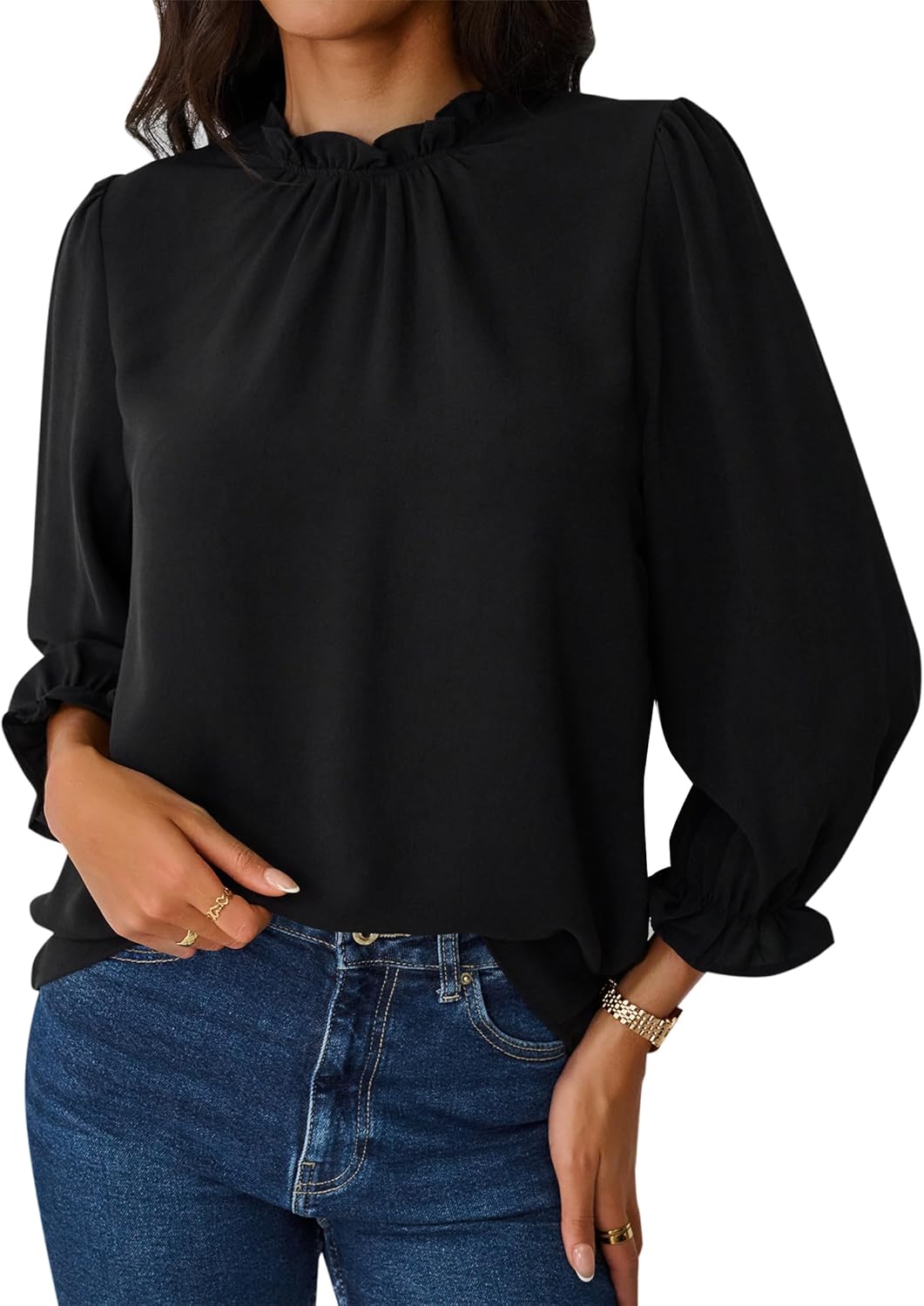 Avanova Women Polka Dot Long Sleeve Blouse Shirts Work Mock Neck Ruffle Top - Image 5