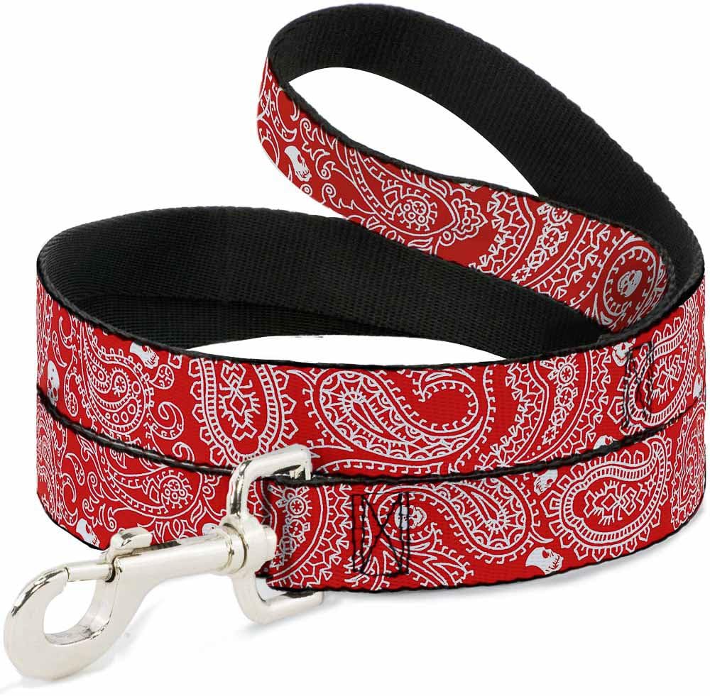 Dog Leash Bandana Skulls Red White 6 Feet Long 1.0 Inch Wide