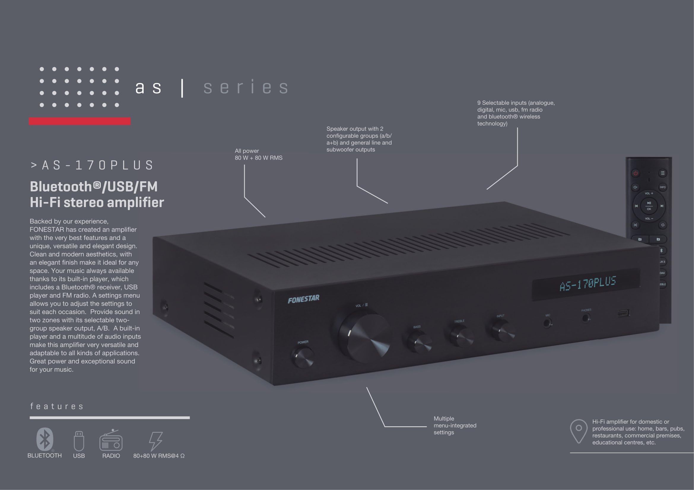 Amplificador Estéreo Bluetooth®/USB/FM
