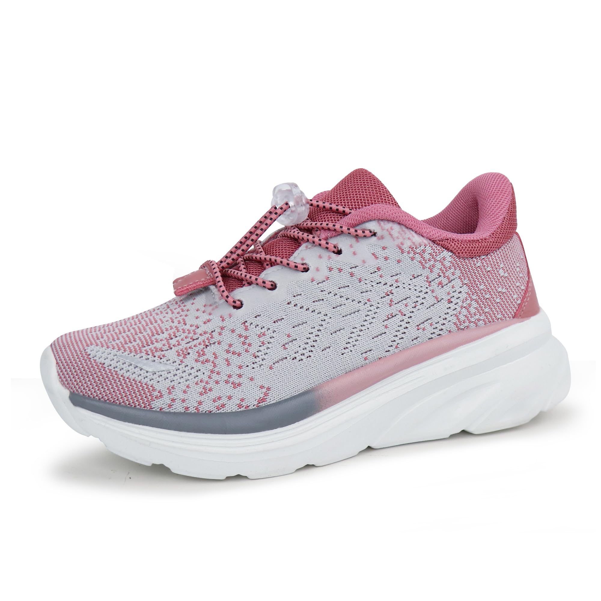Tobfis Boys Girls Kids Arch Support Bungee Tennis Athletic Running Shoes Lightweight Breathable School Walking Sneakers,Knit Grey Pink,11 M US Little Kid