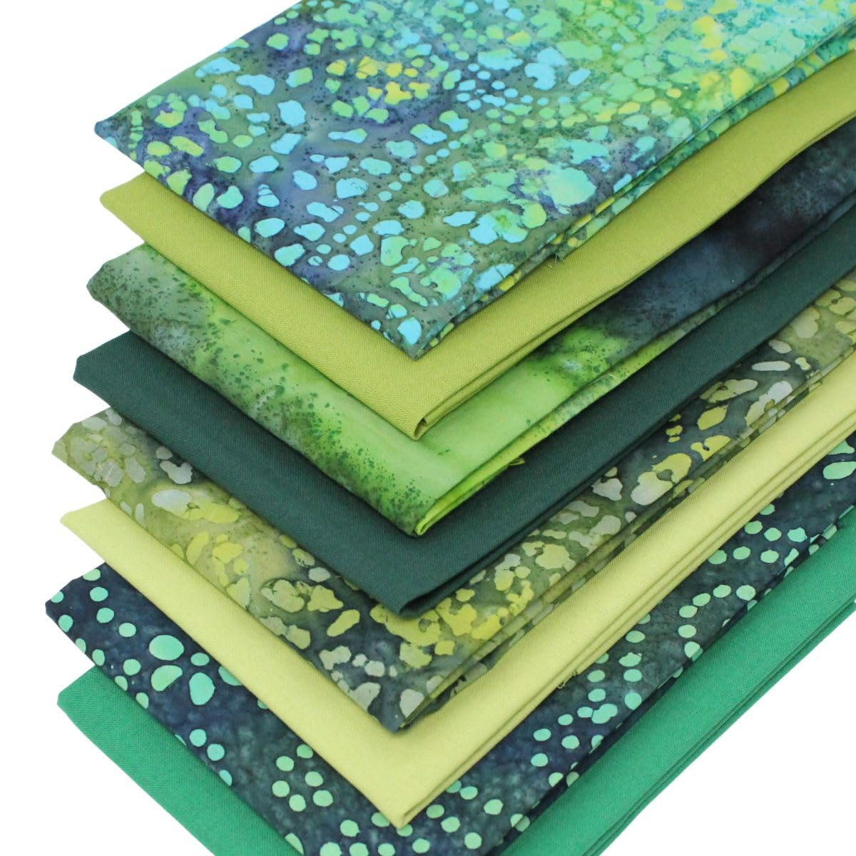 8 Fat Quarters Bundle - 'Ferndale' Stunning Batik and Plain Solid Fabrics in Shades of Green. 100% Cotton for Quilting, Patchwork & Crafting (with Free Patchwork Pattern by Overdale Fabrics)