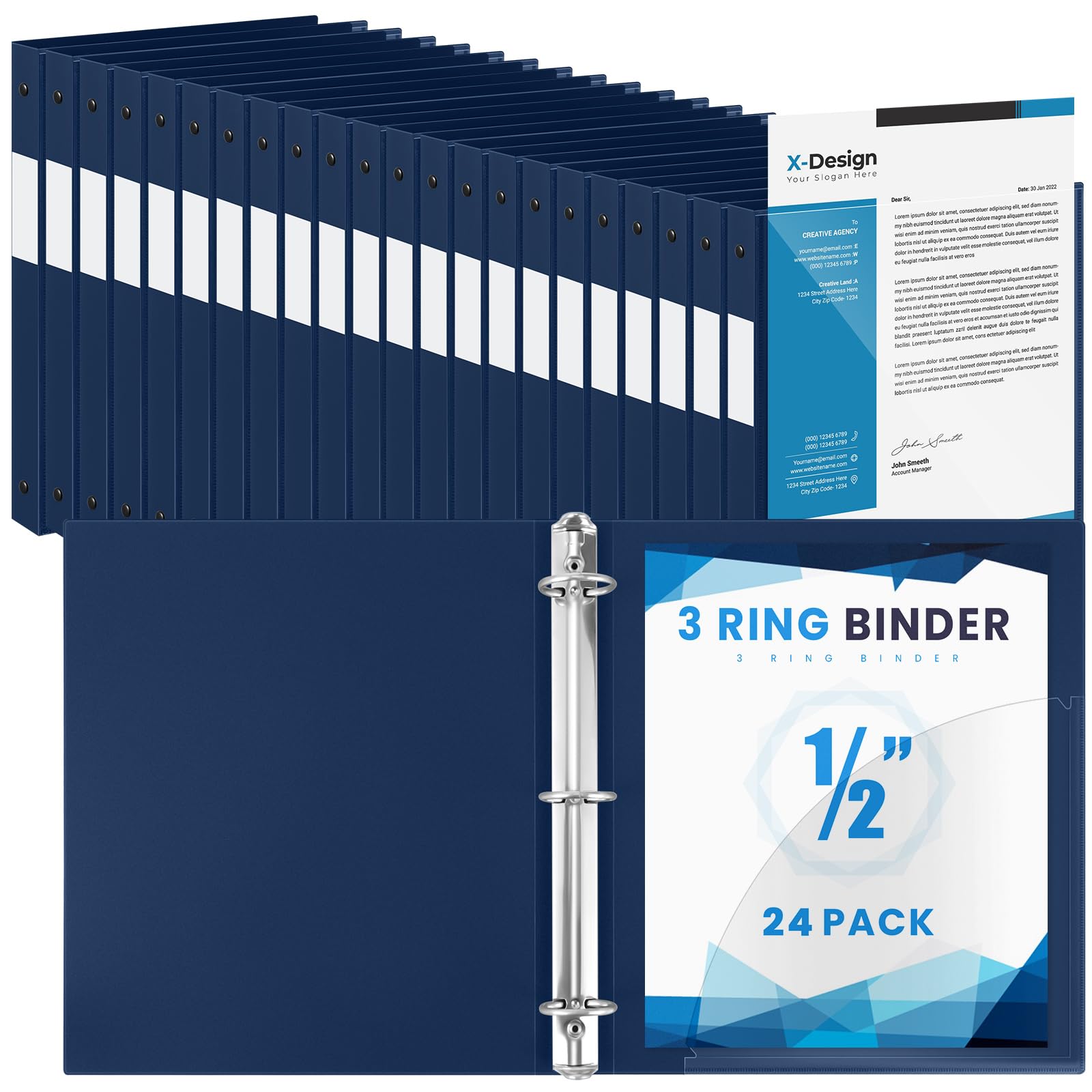 Henoyso 24 Pack 1/2 Inch 3 Ring Binder with Clear Cover Fit Letter Size 8.5" x 11" Paper Holds 140 Sheets, Bulk Binders for Organizing School, Office & Classroom Documents, 1 Pocket (Navy Blue) — image 1